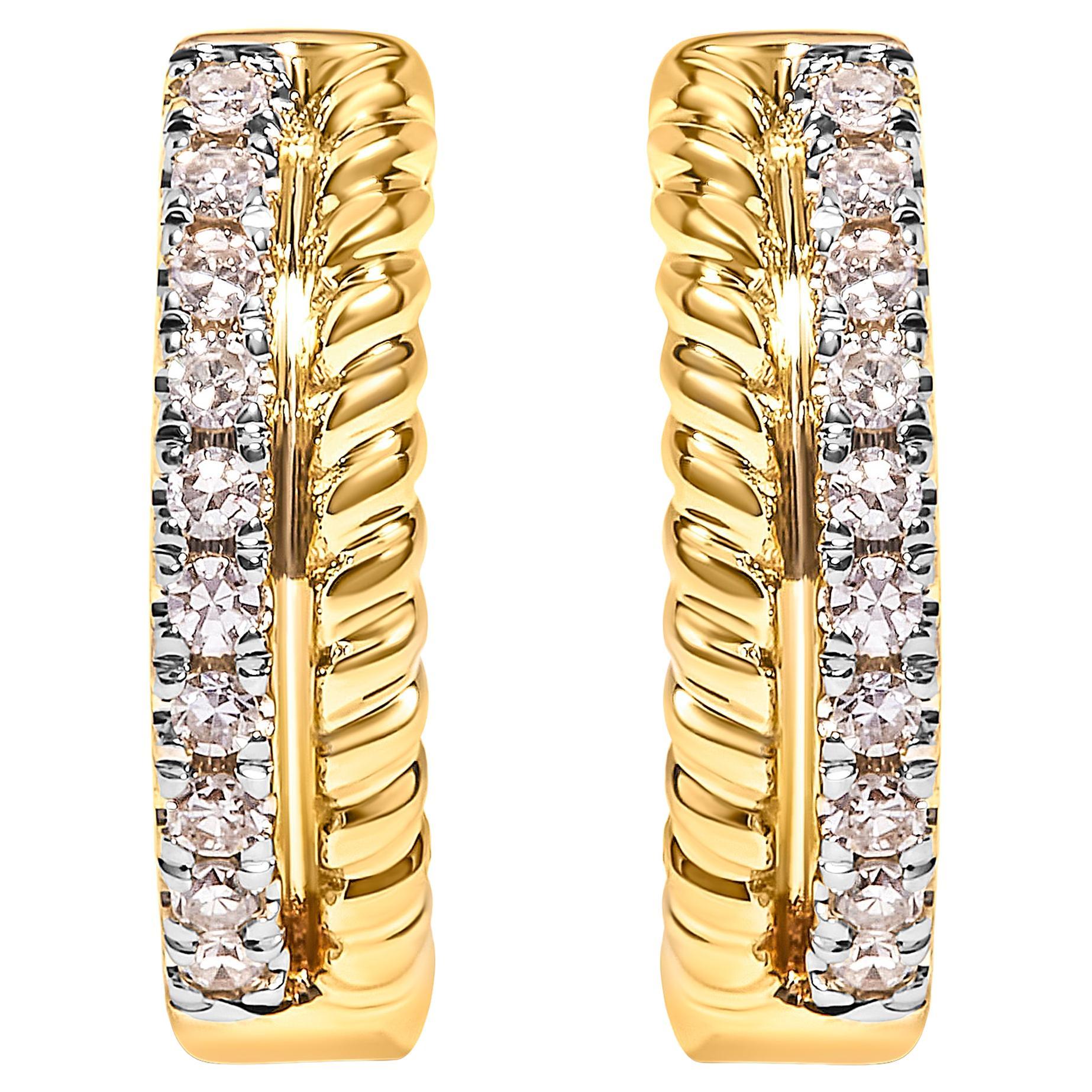 10K Yellow Gold 1/10 Carat Diamond and Rope Twist Huggy Hoop Earrings For Sale