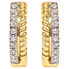 10K Yellow Gold 1/10 Carat Diamond and Rope Twist Huggy Hoop Earrings