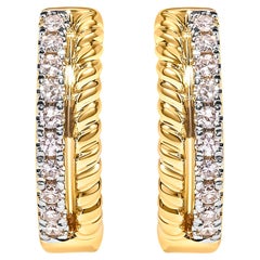 10K Yellow Gold 1/10 Carat Diamond and Rope Twist Huggy Hoop Earrings