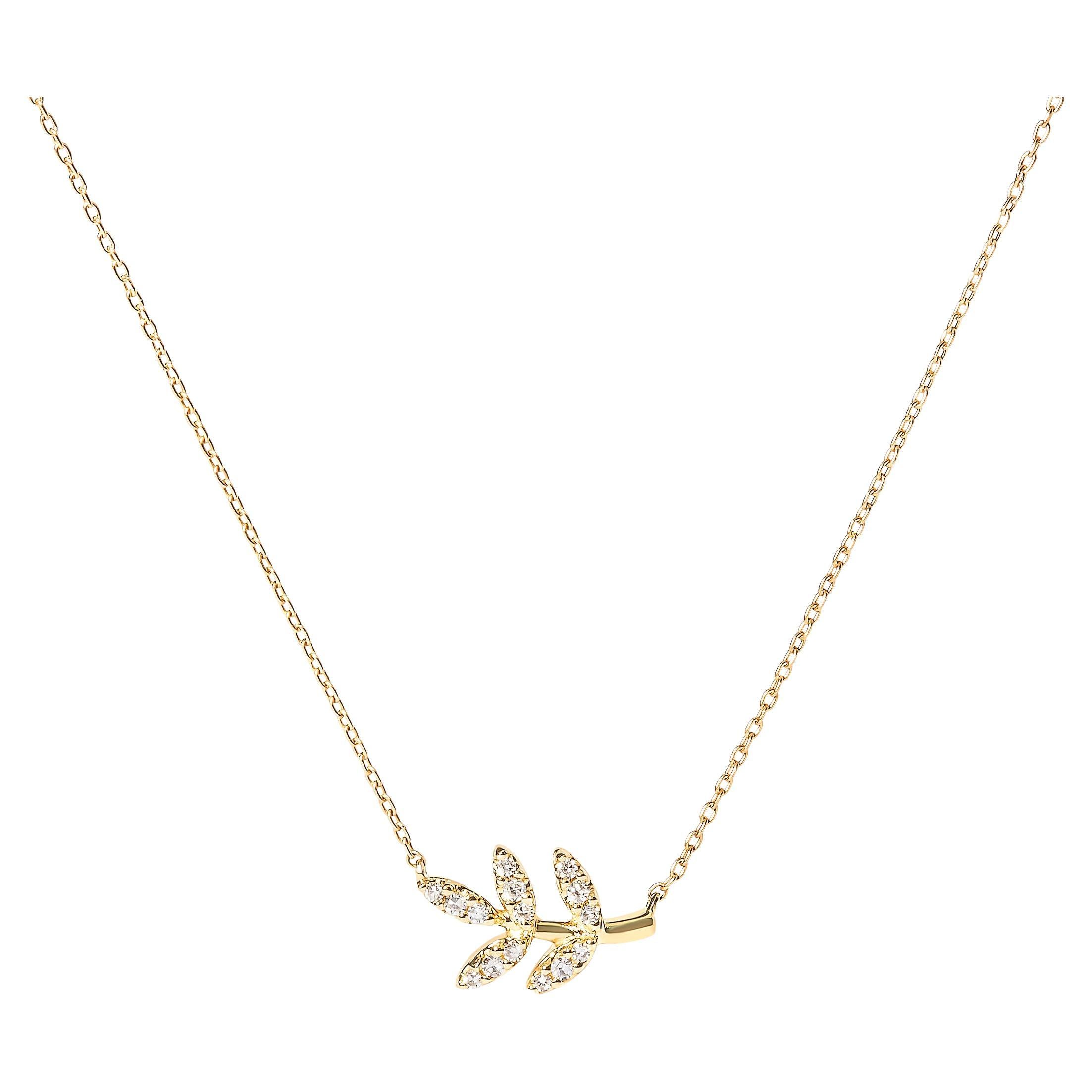 10K Yellow Gold 1/10 Carat Diamond Leaf and Branch Pendant Necklace For Sale