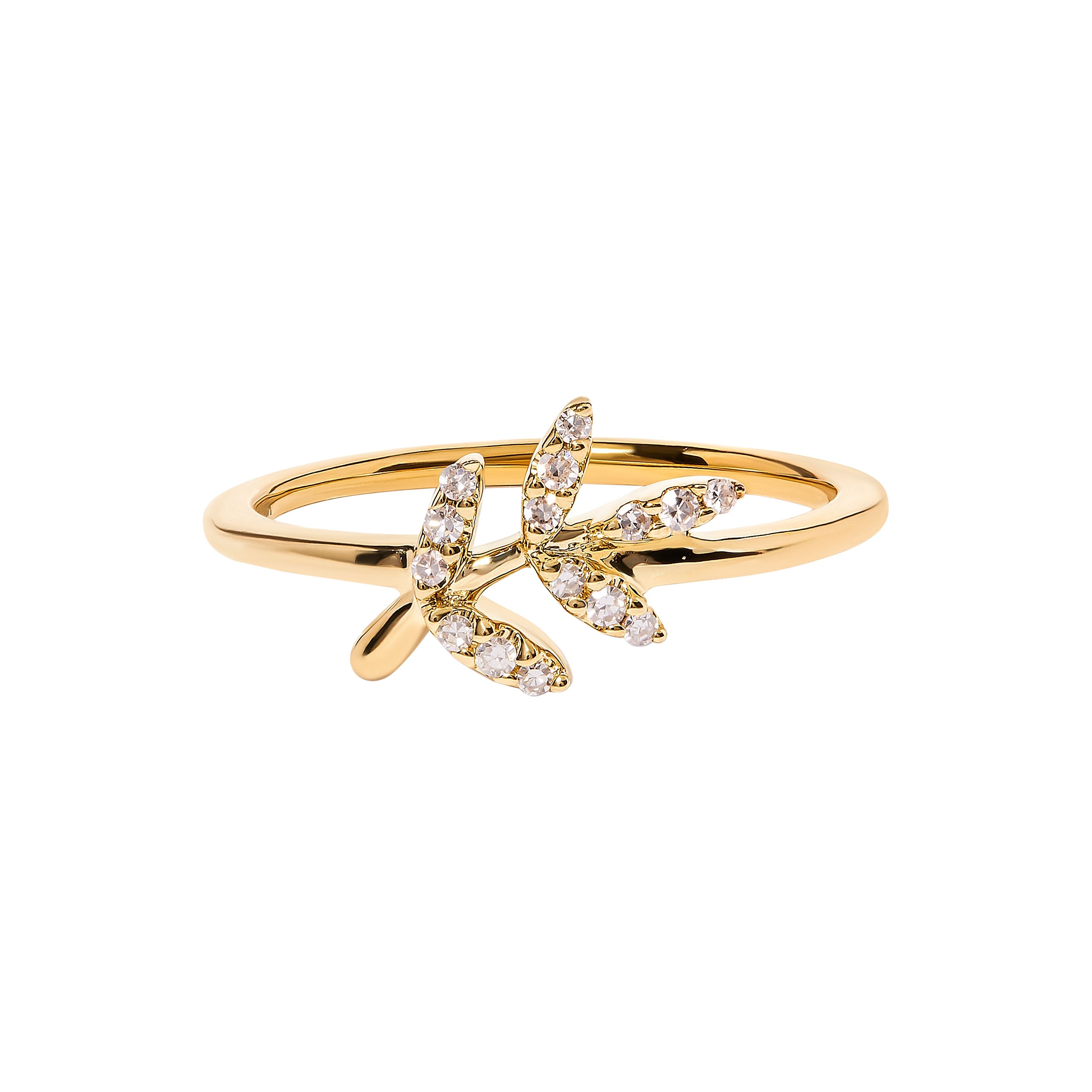 10K Yellow Gold 1/10 Carat Diamond Leaf and Branch Ring For Sale
