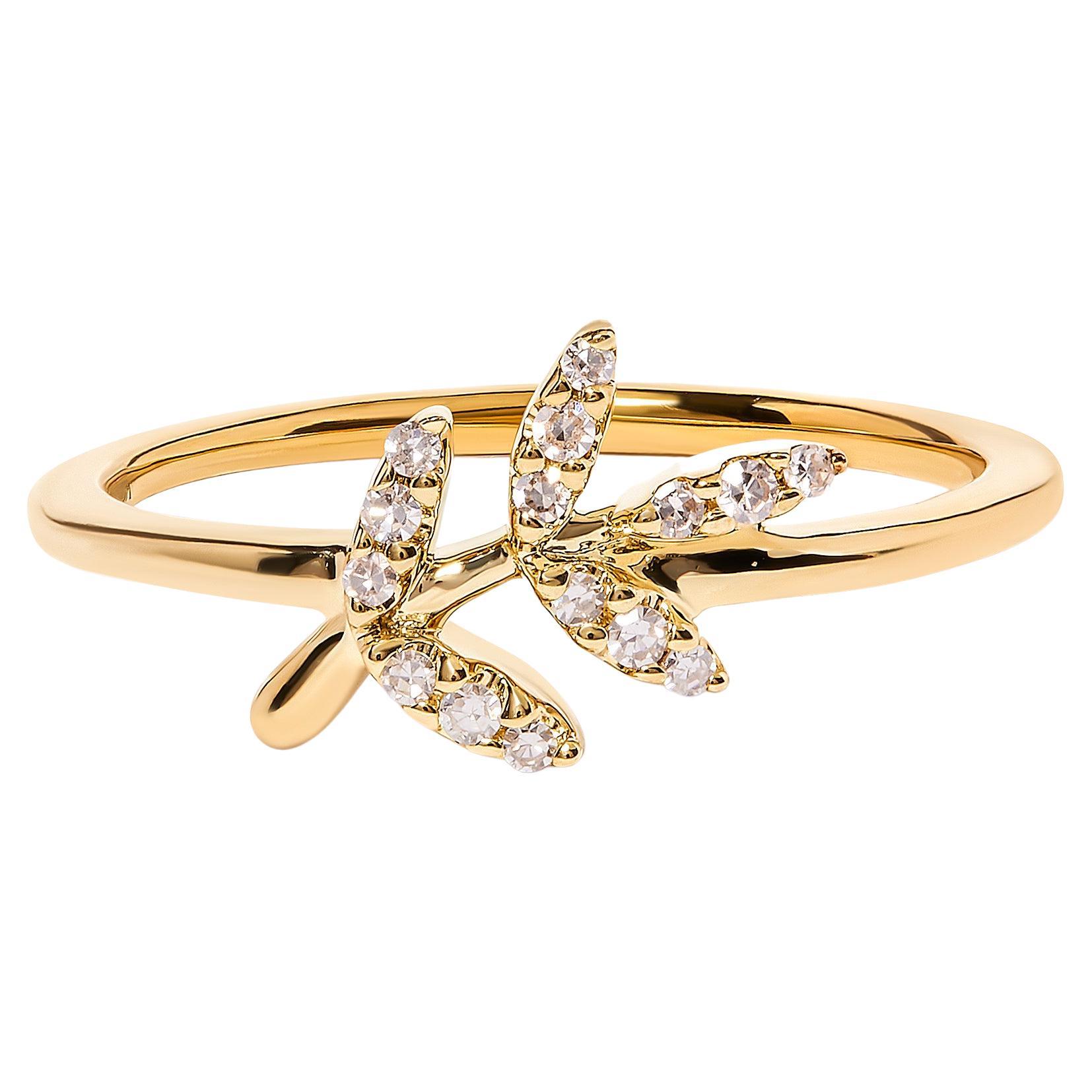 For Sale:  10K Yellow Gold 1/10 Carat Diamond Leaf and Branch Ring