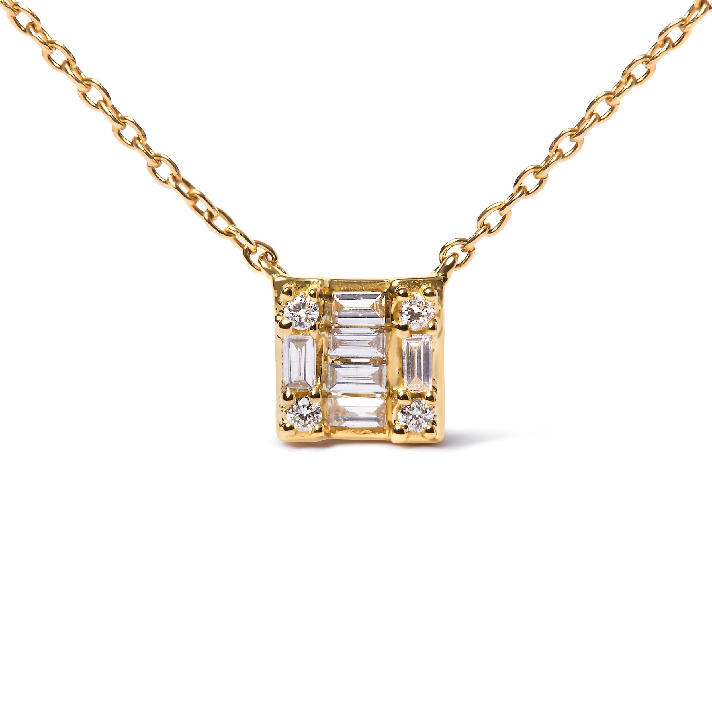 Indulge in the exquisite beauty of this 10K Yellow Gold Pendant Necklace. Crafted with precision, it features a captivating fusion design that effortlessly combines the brilliance of round and baguette diamonds. With a total diamond weight of 1/10