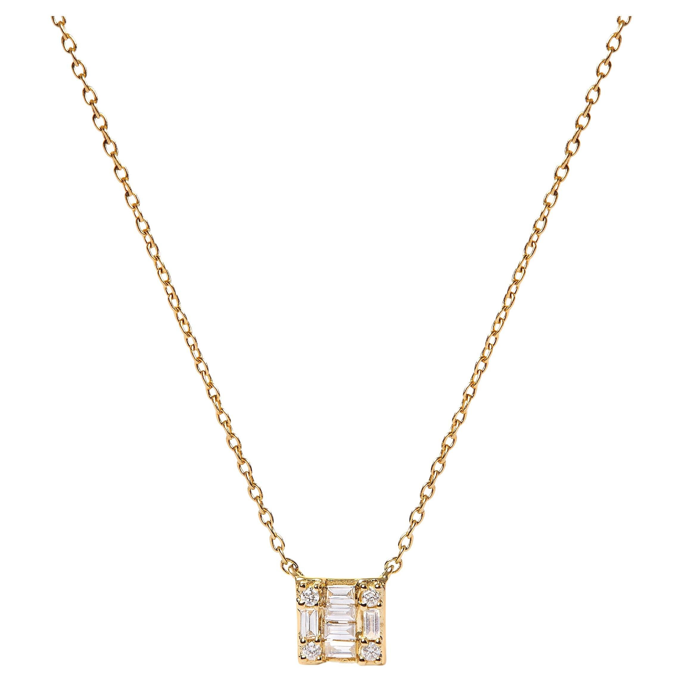 10K Yellow Gold 1/10 Carat Diamond Mosaic Composite Square Pendant Necklace