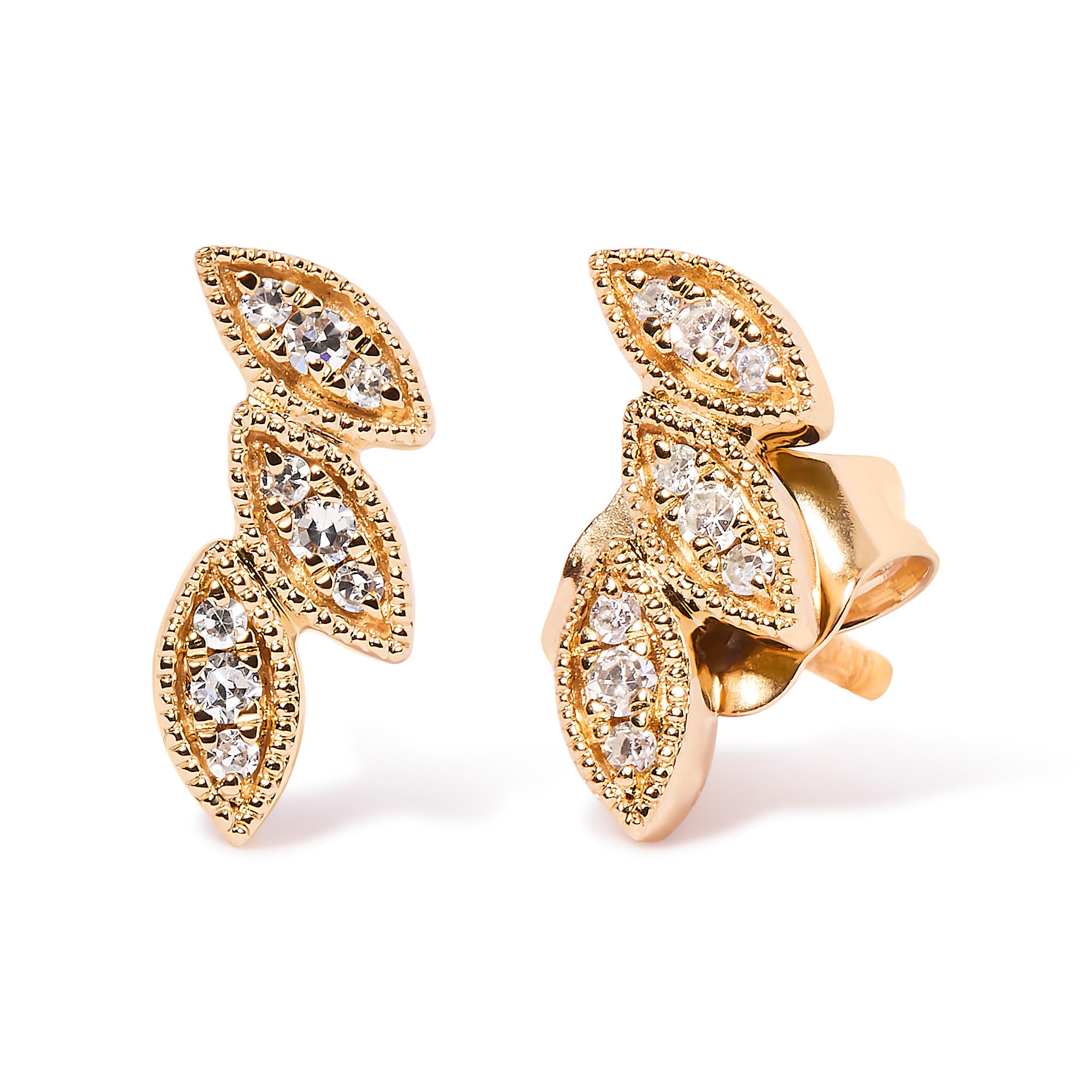Introducing a breathtaking masterpiece that will captivate every eye it graces. Crafted with utmost precision, these 10K Yellow Gold Stud Earrings feature a mesmerizing triple leaf design, symbolizing growth, prosperity, and the beauty of nature.