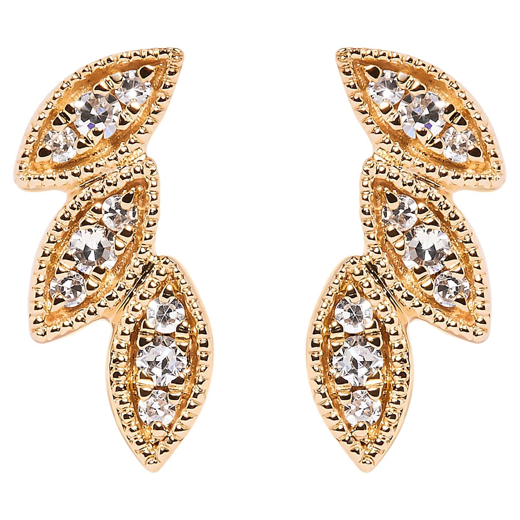 10K Yellow Gold 1/10 Carat Diamond Triple Leaf Stud Earring For Sale