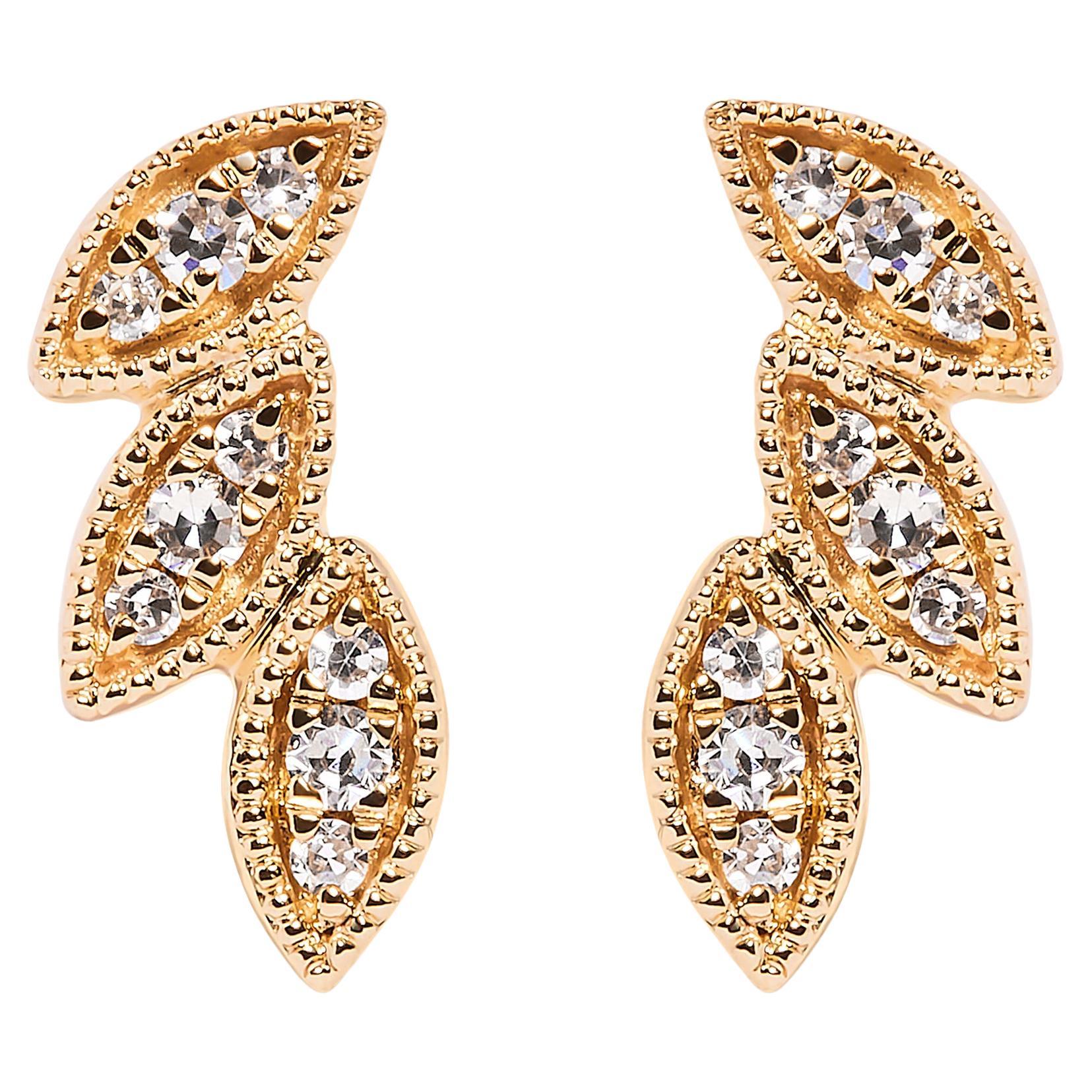 10K Yellow Gold 1/10 Carat Diamond Triple Leaf Stud Earring