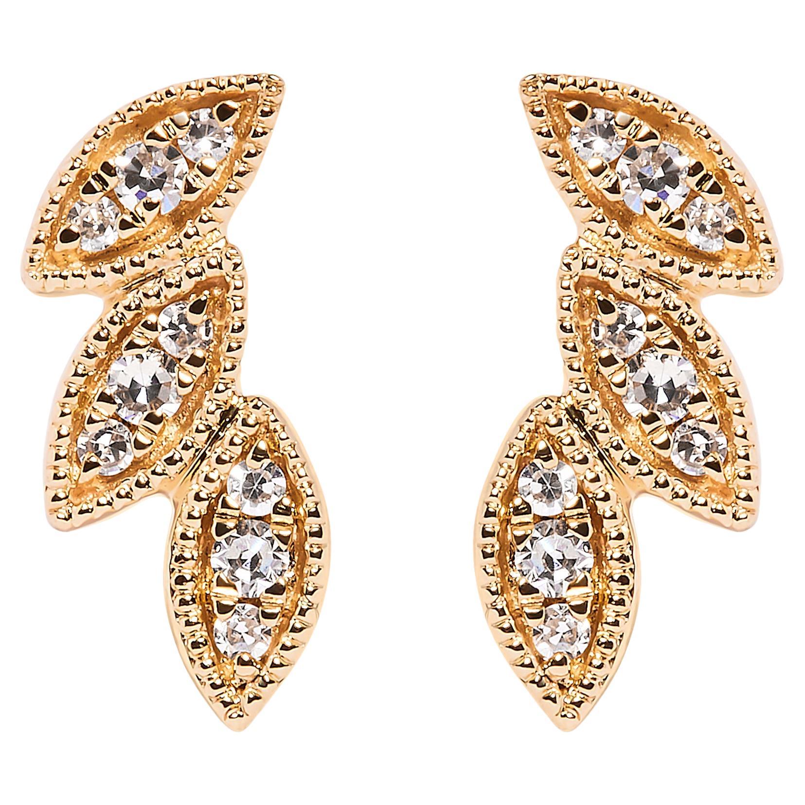 10K Yellow Gold 1/10 Carat Diamond Triple Leaf Stud Earring