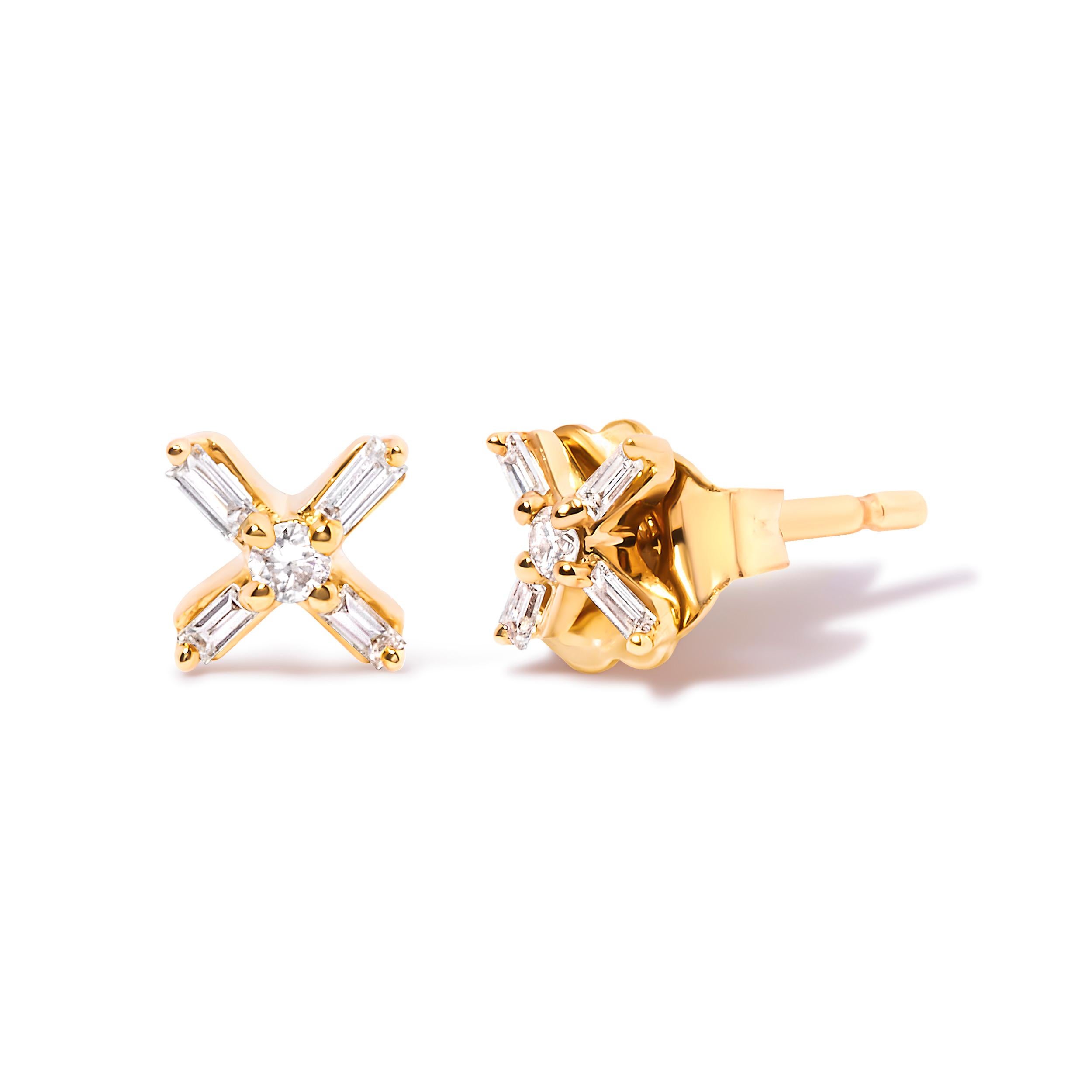 Introducing a captivating masterpiece that effortlessly combines elegance and style. Crafted in 10K yellow gold, these exquisite stud earrings are adorned with a mesmerizing criss-cross design, showcasing the brilliance of 10 natural diamonds. With