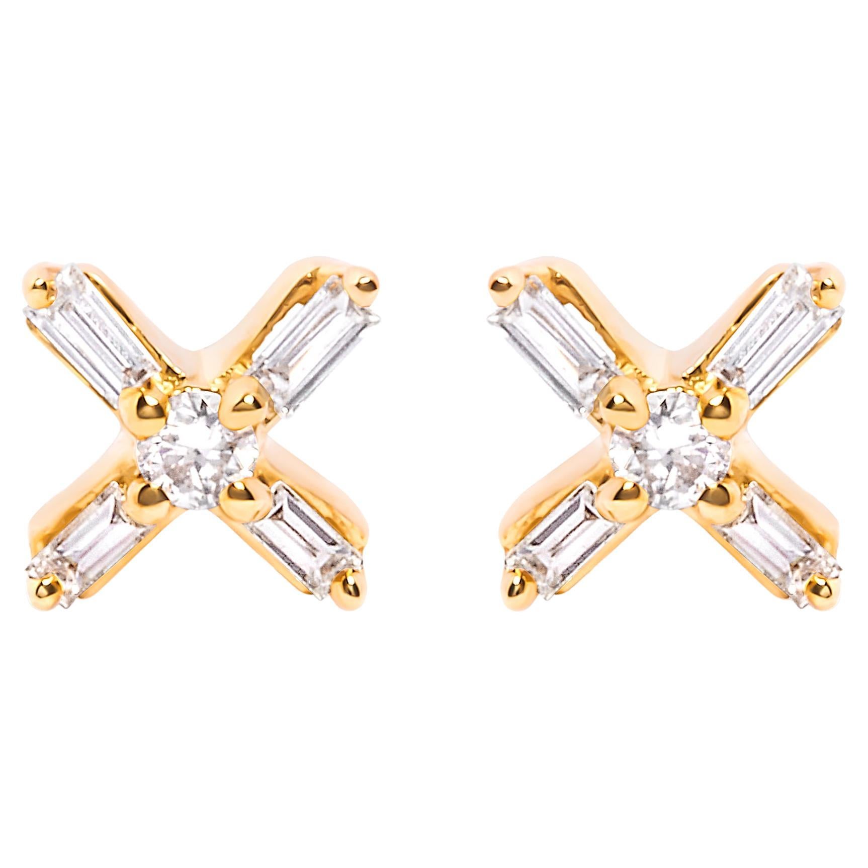 10K Yellow Gold 1/10 Carat Round and Baguette Diamond Criss Cross X Stud Earring
