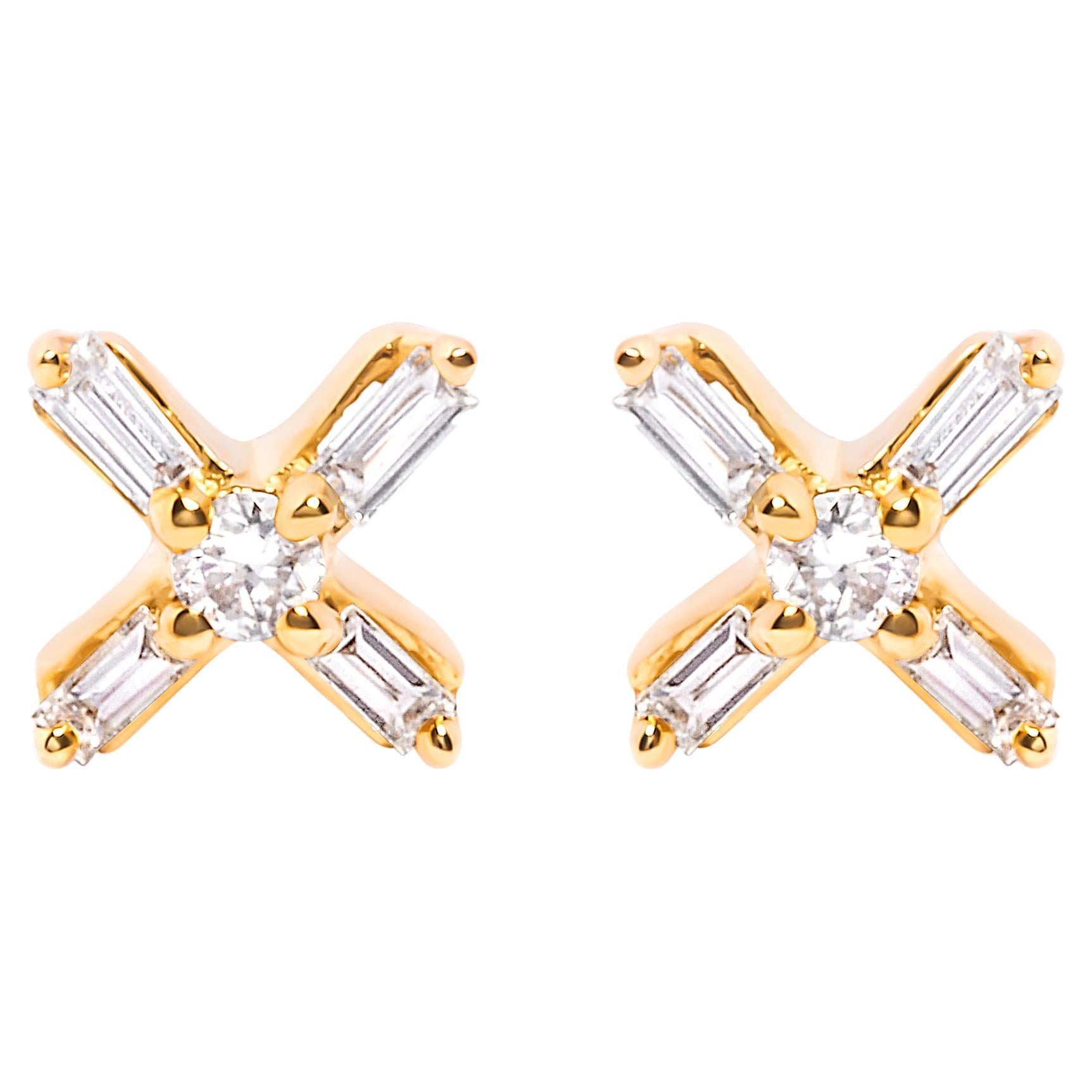 10K Yellow Gold 1/10 Carat Round and Baguette Diamond Criss Cross X Stud Earring