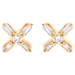 10K Yellow Gold 1/10 Carat Round and Baguette Diamond Criss Cross X Stud Earring