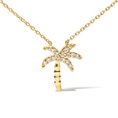 10K Yellow Gold 1/10 Carat Round Diamond Palm Tree Pendant Necklace