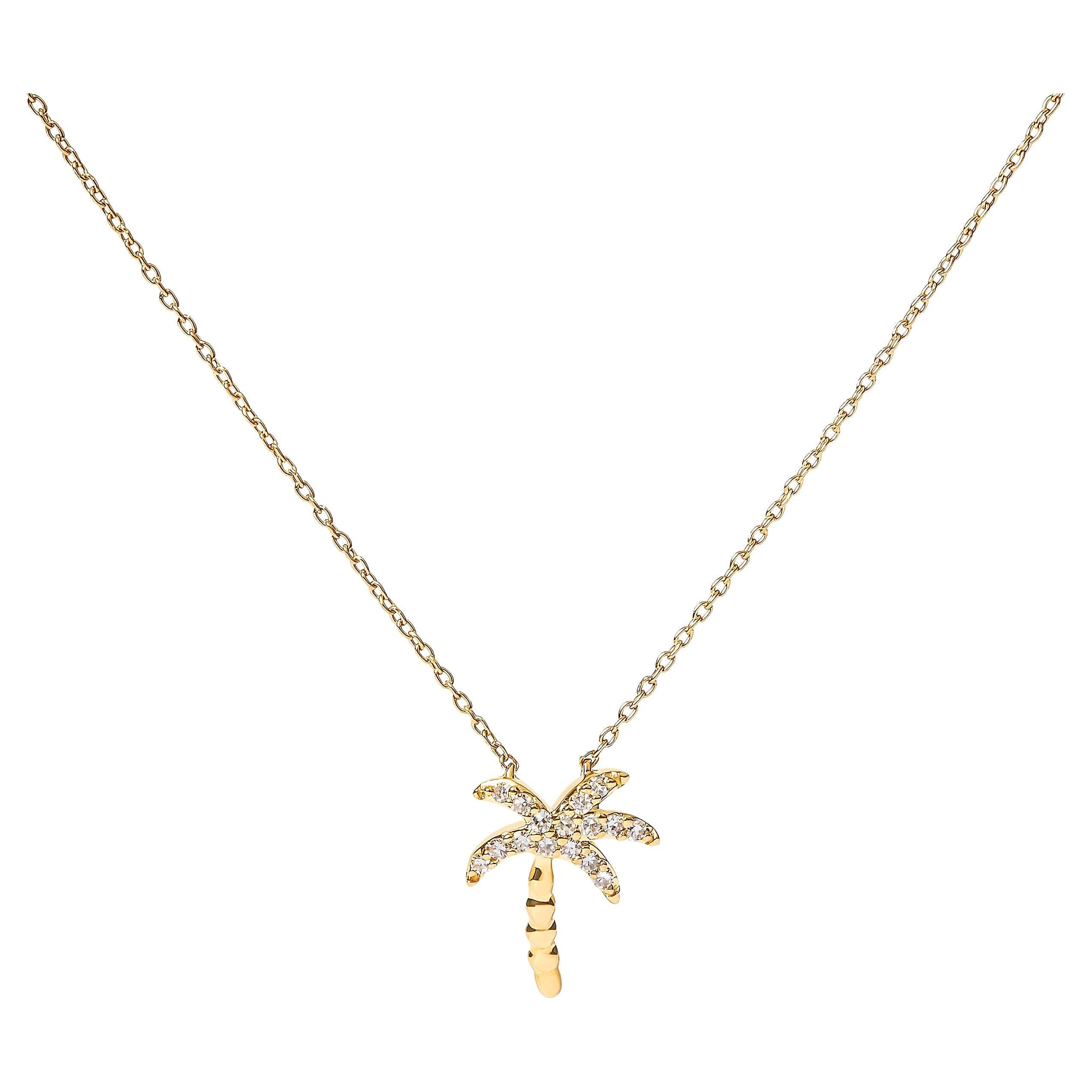 10K Yellow Gold 1/10 Carat Round Diamond Palm Tree Pendant Necklace For Sale