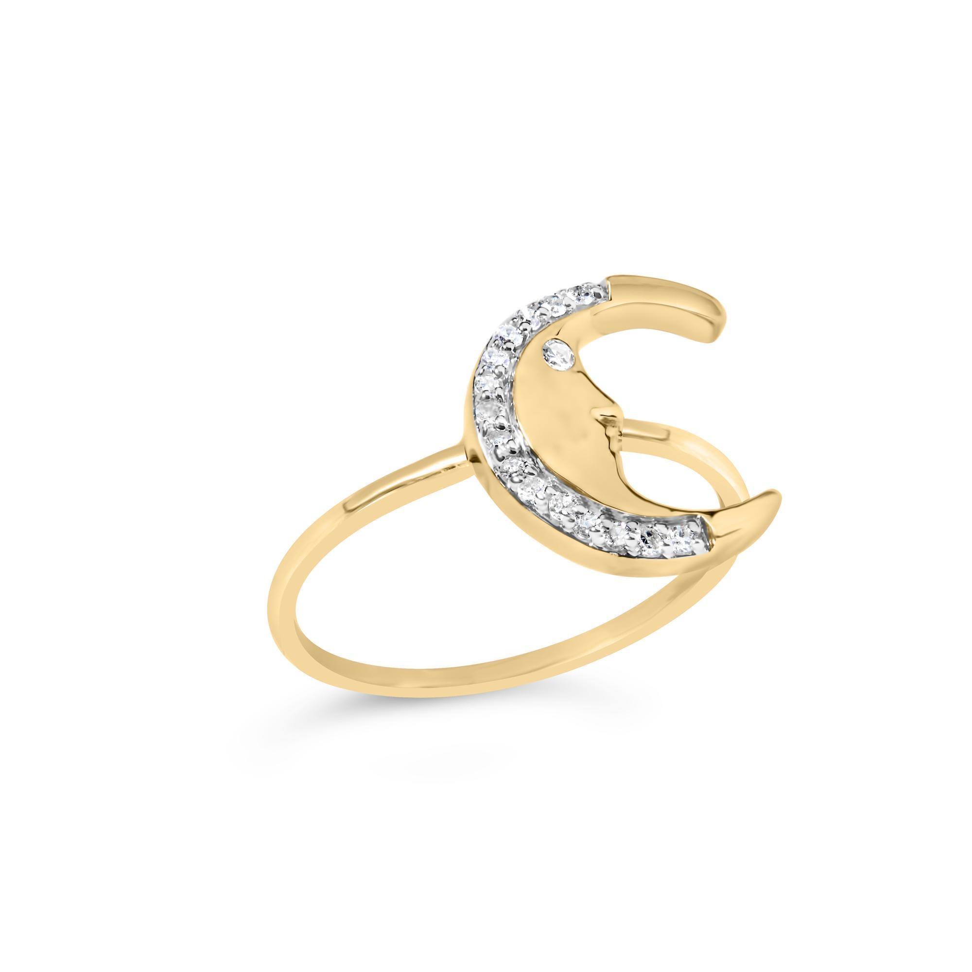 Modern 10K Yellow Gold 1/10 Cttw Diamond Crescent Moon Ring For Sale
