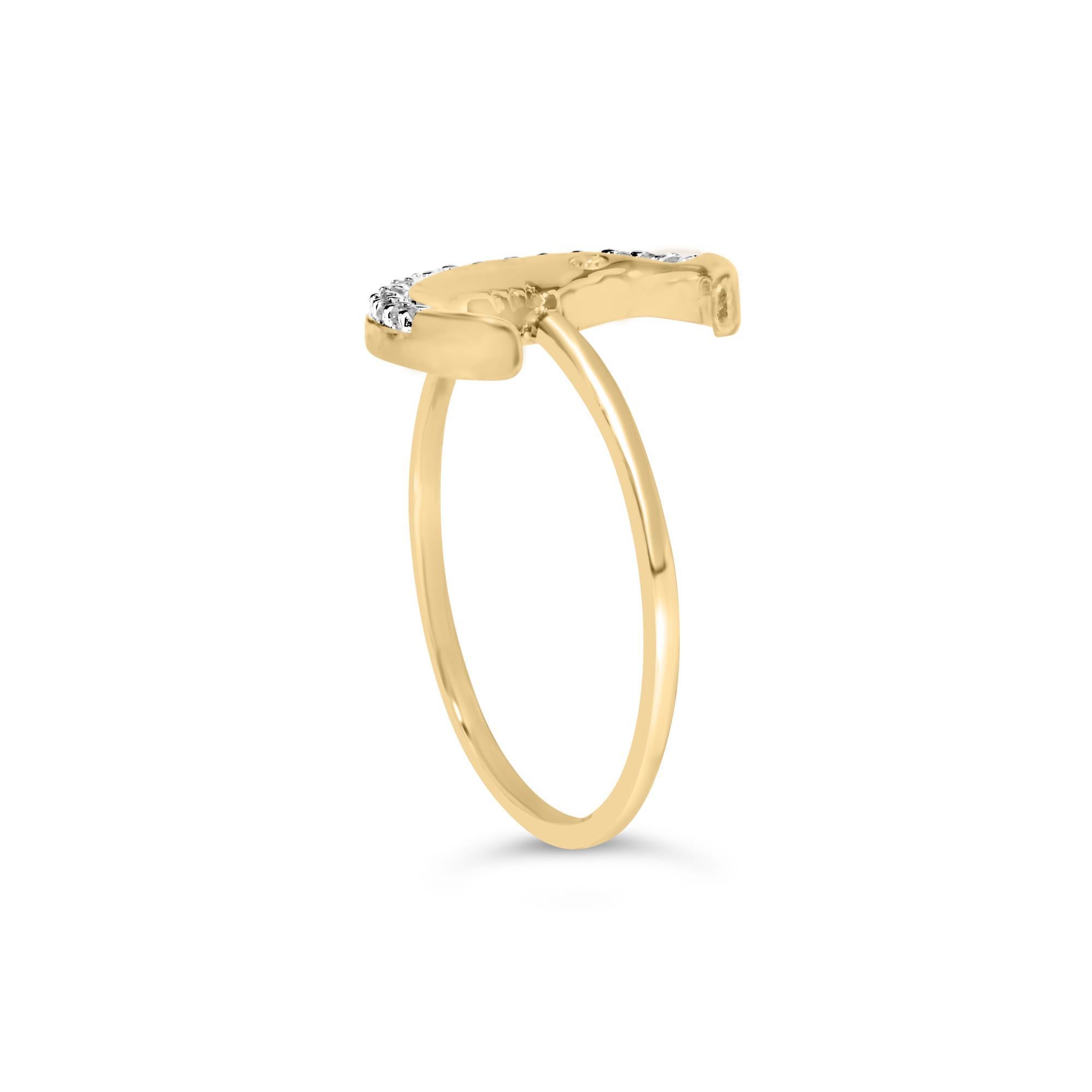 Round Cut 10K Yellow Gold 1/10 Cttw Diamond Crescent Moon Ring For Sale