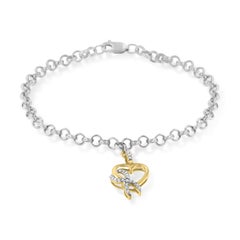 10K Yellow Gold 1/10 Cttw Diamond Ribbon & Heart Charm on Silver Rolo Bracelet