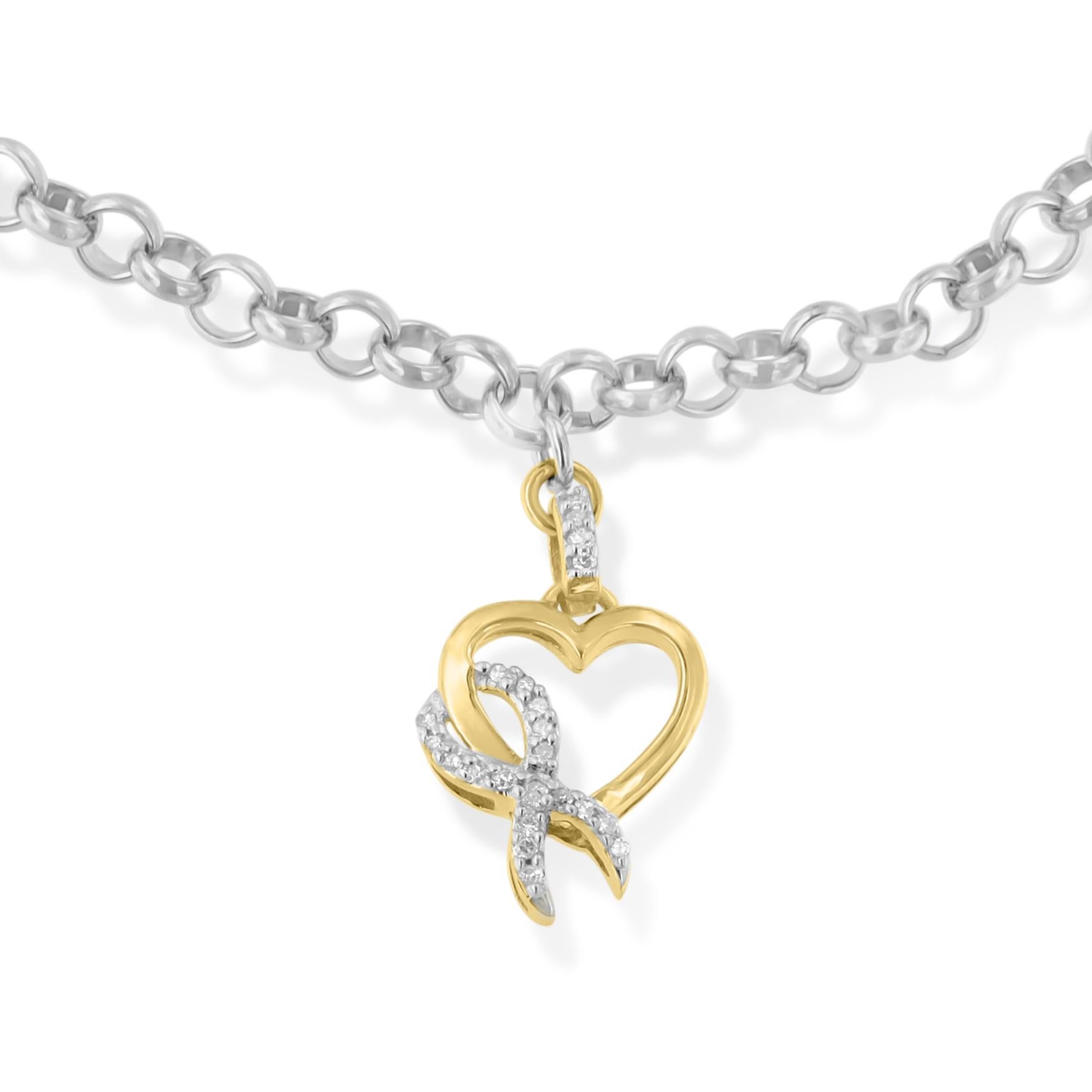 Moderne Bracelet rolo en or jaune 10 carats avec ruban de diamants 1/10 carat et breloque en forme de cœur sur argent en vente