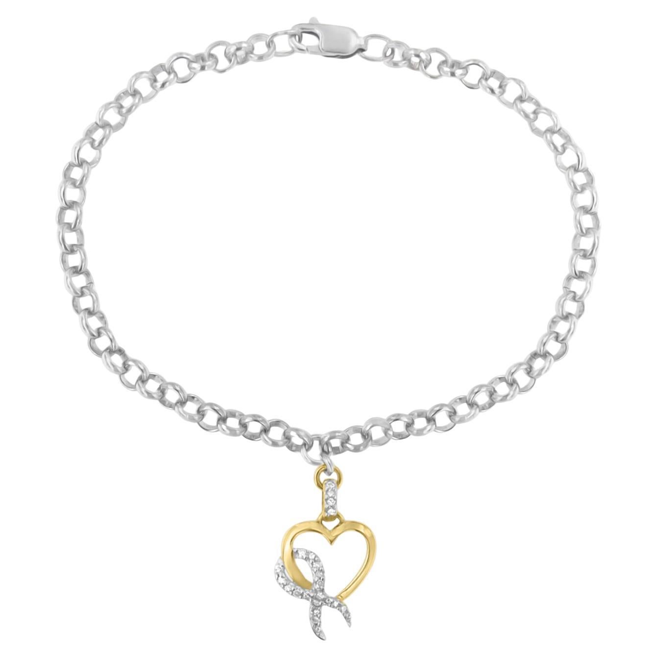 10K Yellow Gold 1/10 Cttw Diamond Ribbon & Heart Charm on Silver Rolo Bracelet