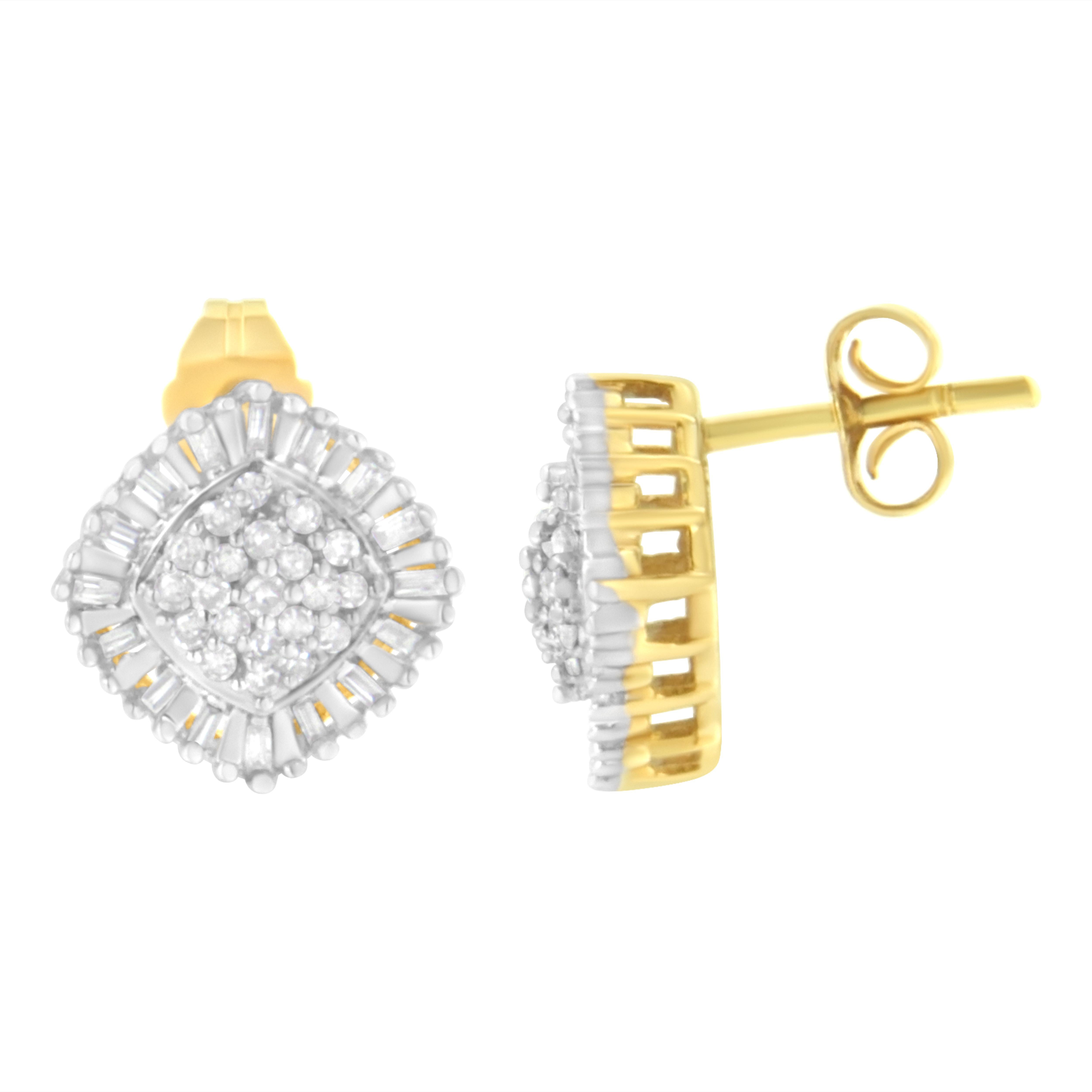 These stunning cluster earrings sparkle with 1/2ct TDW of diamonds. A round diamond cluster is surrounded by a baguette diamond halo. These 10k yellow gold stud earrings are the perfect complement for any outfit. A push back mechanism keeps the