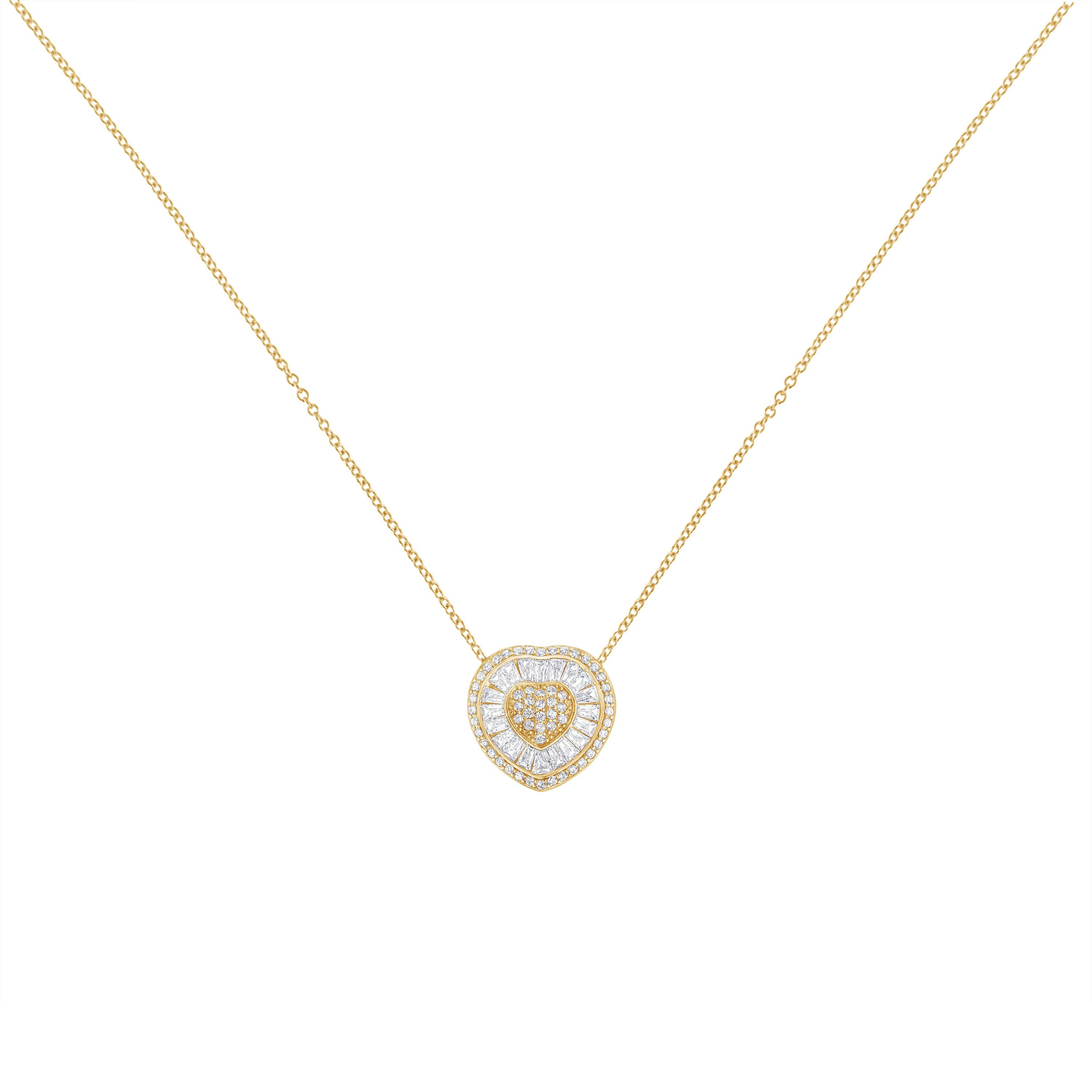 A beautiful gold and diamond heart shaped pendant. This necklace is made with 31 round and 22 baguette-cut diamonds in a prong and channel setting, respectively. The diamonds are set in a lustrous 10k yellow gold, and the pendant comes with a box