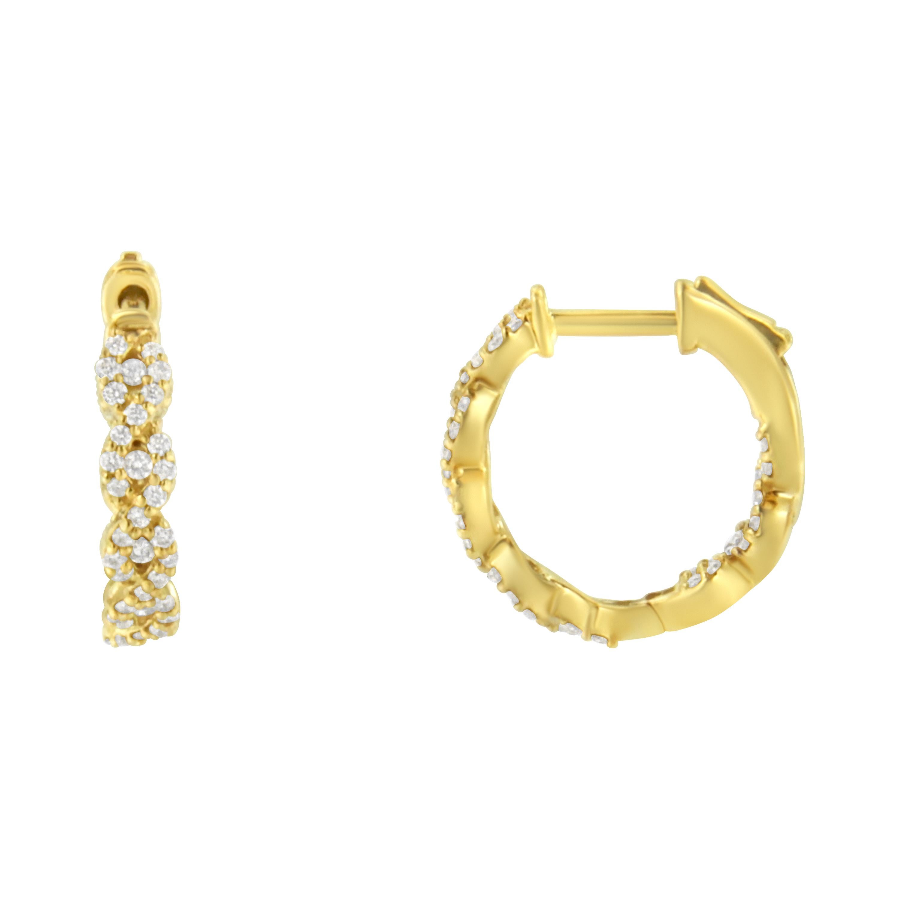 Inlaying both the front and back side of these striking 10k yellow gold huggy loop earrings, are 1/2ct of brilliant round cut diamonds with lever backs that keep them securely in place. These unique design is perfect for everyday wear. Product