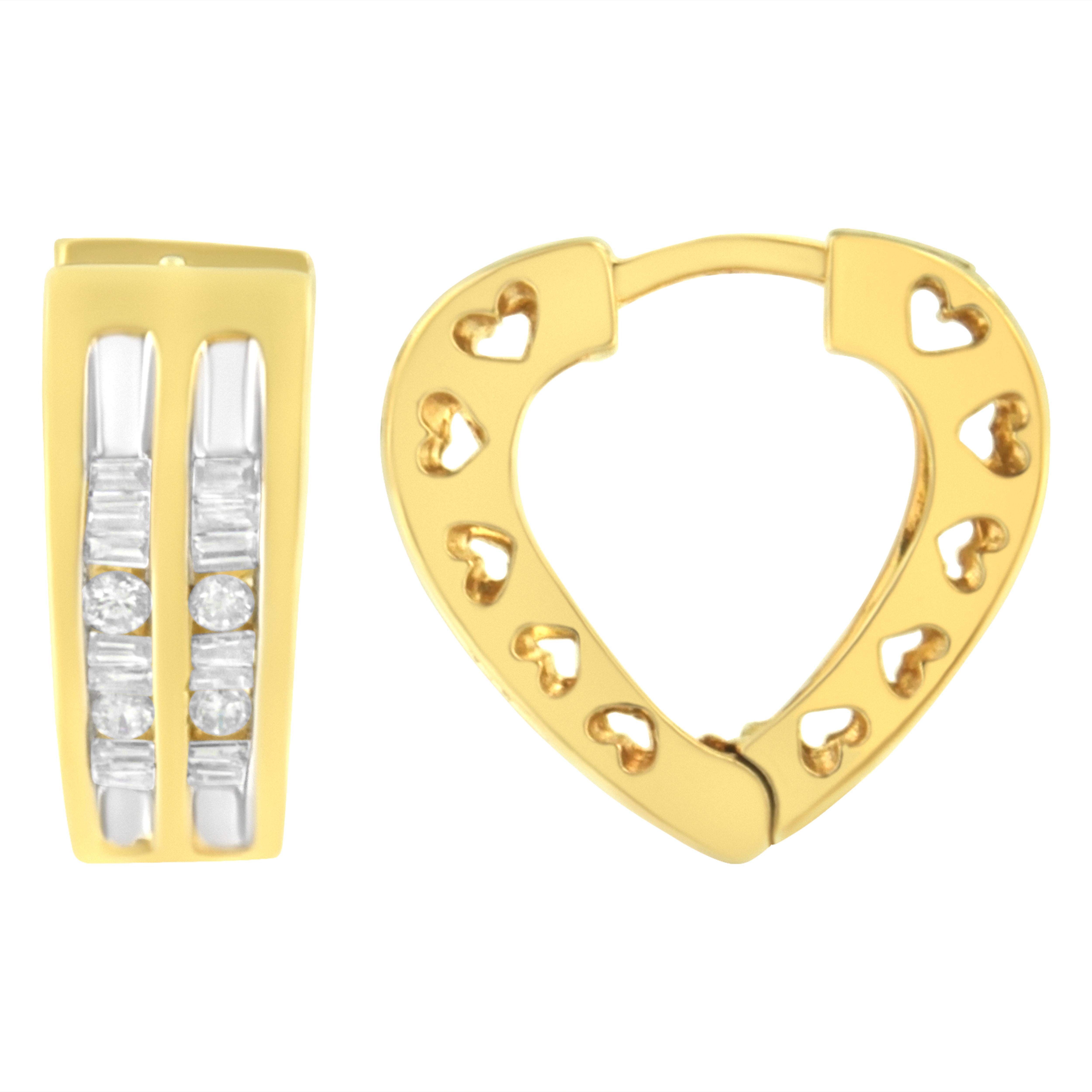 These huggy hoop earrings are fashioned in 10k yellow gold and are literally surrounded with love. Small hearts are cut out into the sides and back of this design. Inlaying the front of the hoop 1/2 a ct TDW of sparkling round and baguette cut