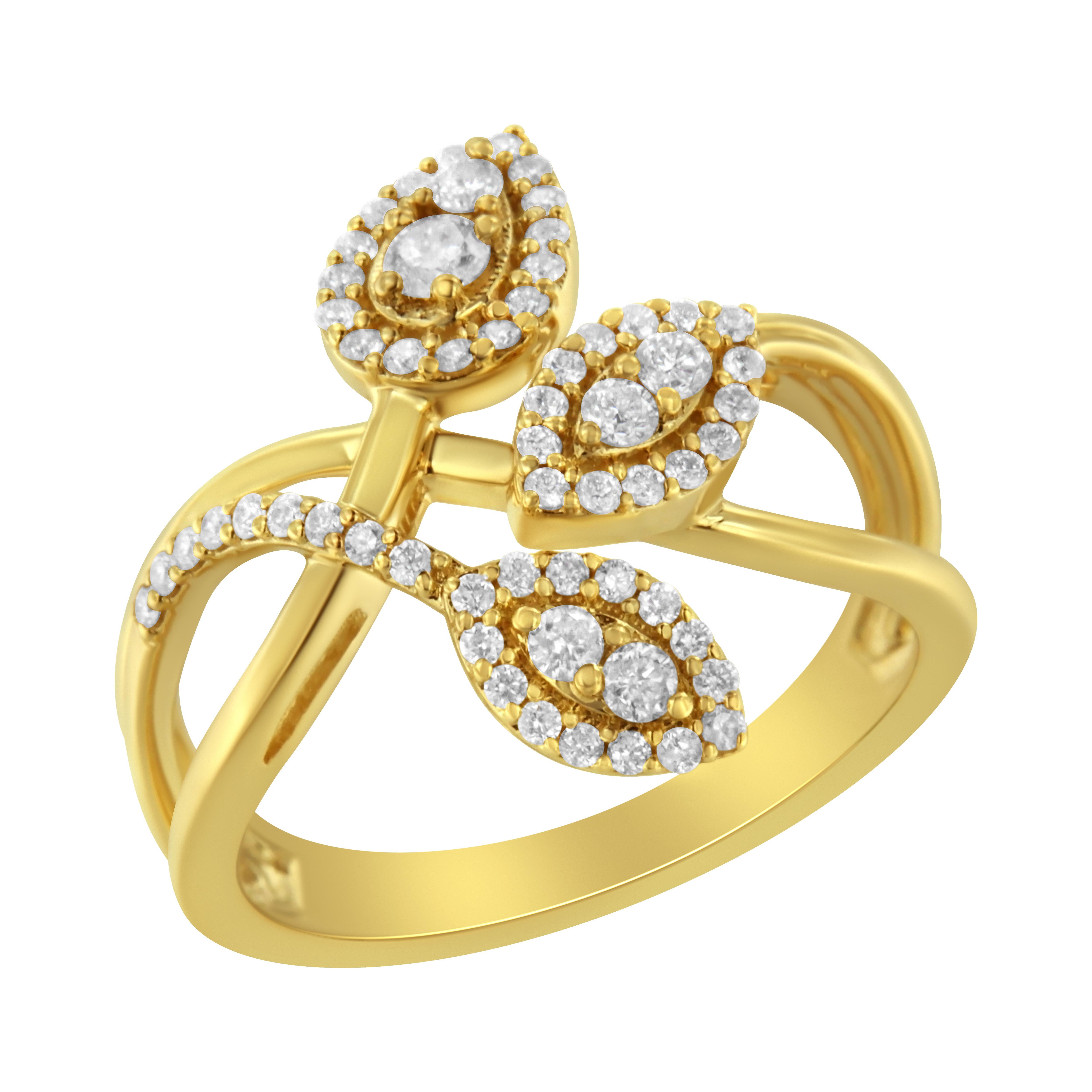 Complement your outfit with this beautiful leaf ring design. Created in 10k yellow gold, this ring features 1/2ct TDW of diamonds. A layered split ring band holds three round cut diamond studded leaves that will add extra sparkle to your