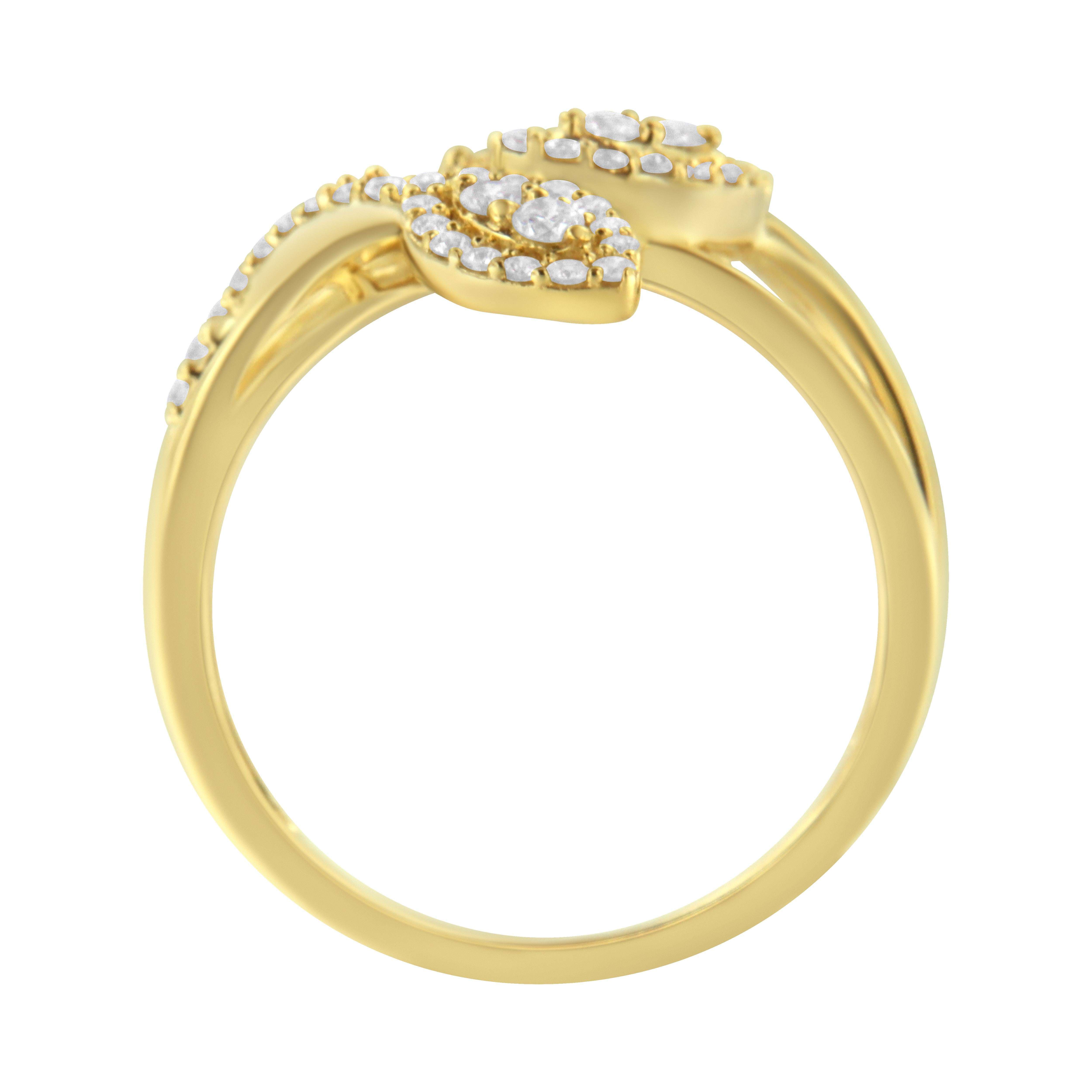 Round Cut 10K Yellow Gold 1/2 Carat Diamond Layered Crossover Triple Leaf Bypass Ring For Sale