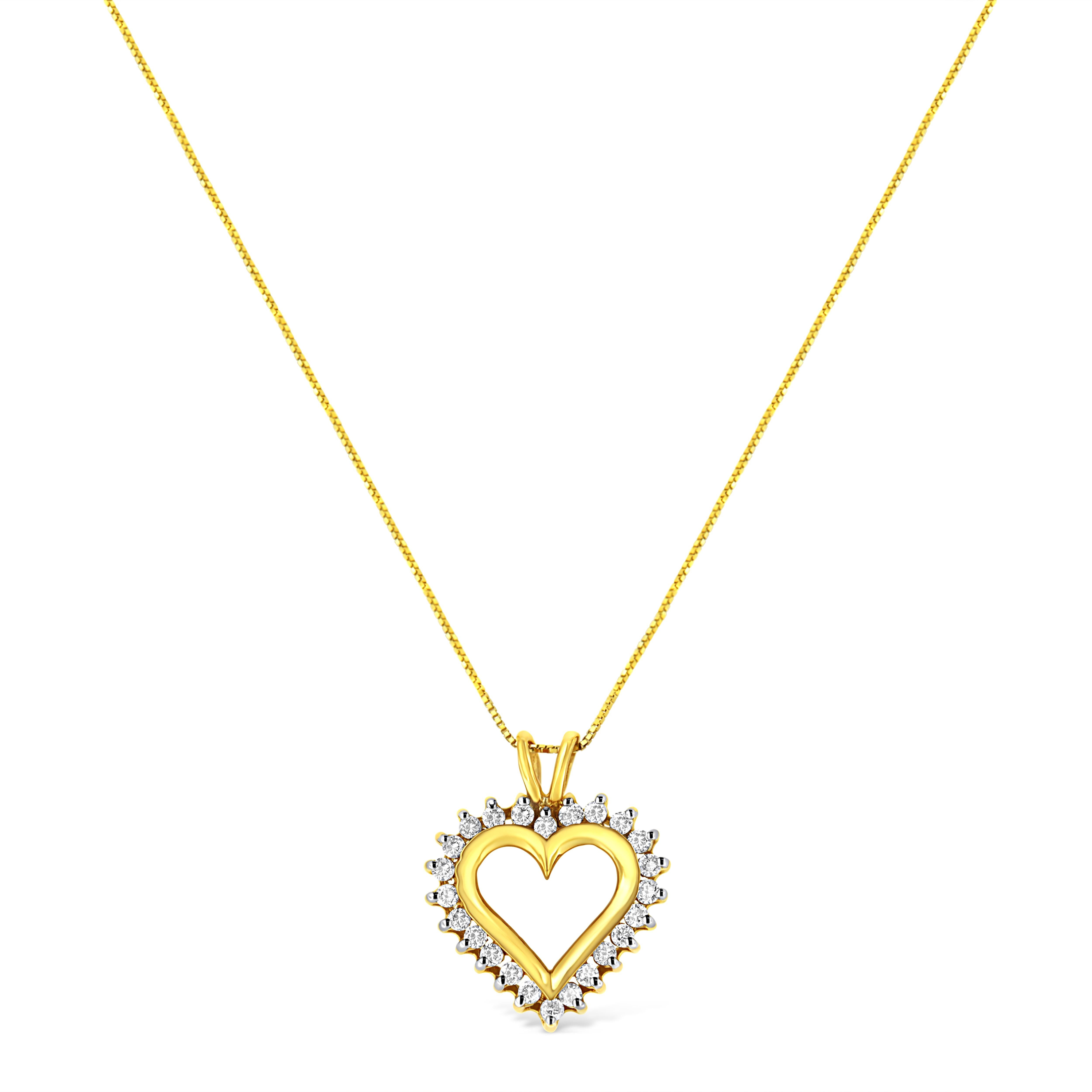 A light-hearted, enchanting display of romance. This romantic open heart diamond pendant is bejeweled with a sunburst of 24 round cut sparkling diamonds in prong setting and rendered elegantly on luminous 10 karat yellow gold. This classic pendant