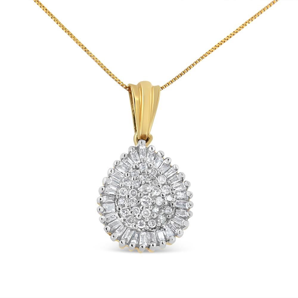 Lovely and eye-catching, this 10k yellow gold pendant stands out with for its cluster of natural diamonds. A line of baguette-cut diamonds surround a central cluster of round-cut diamonds in a prong setting. This 1/2 cttw necklace is a show dropper