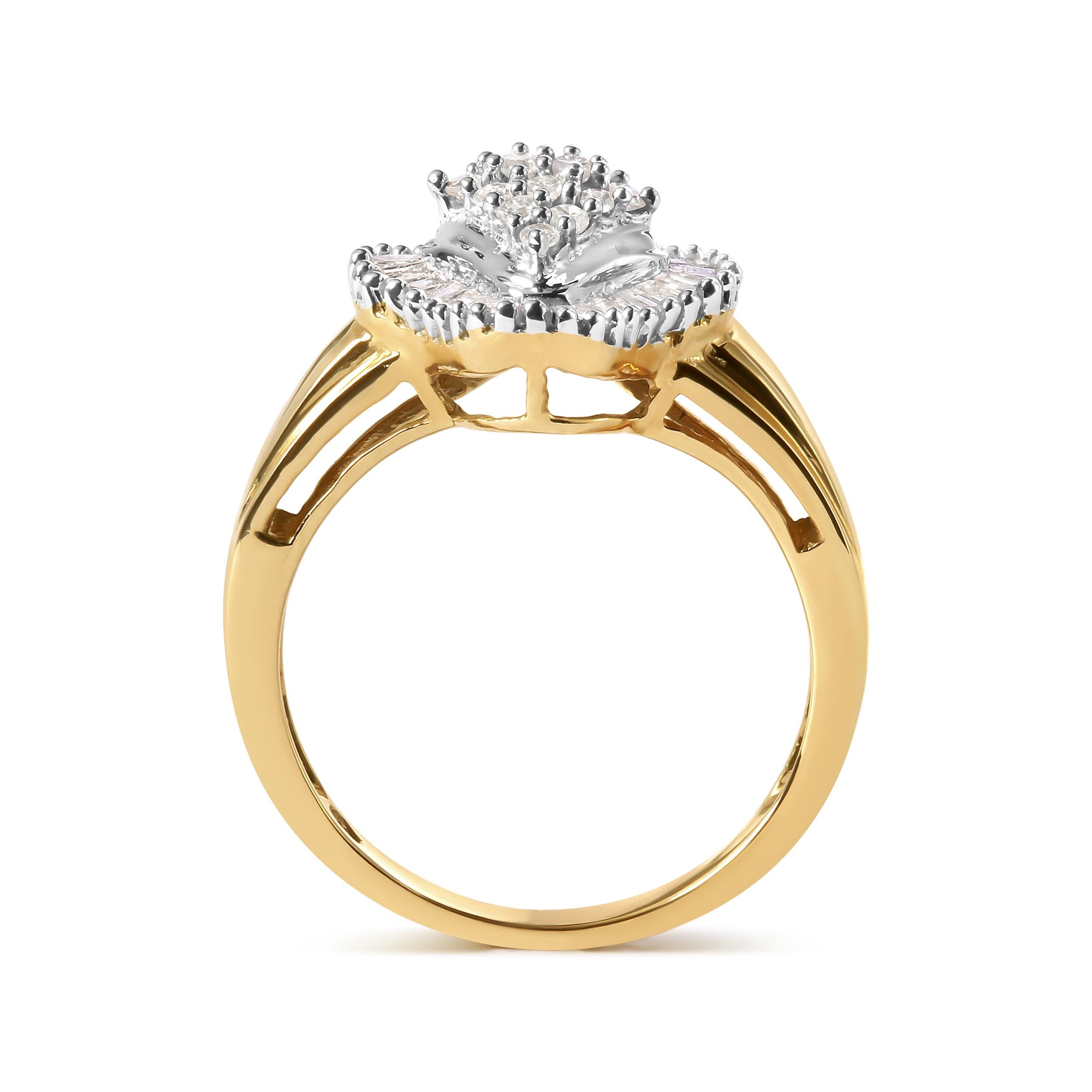 Indulge in the allure of our 10K yellow gold fashion ring, a true masterpiece that exudes sophistication and glamour. A captivating ensemble of 48 diamonds graces the ring, including 16 resplendent rounds and 32 dazzling baguette-cuts. With a total