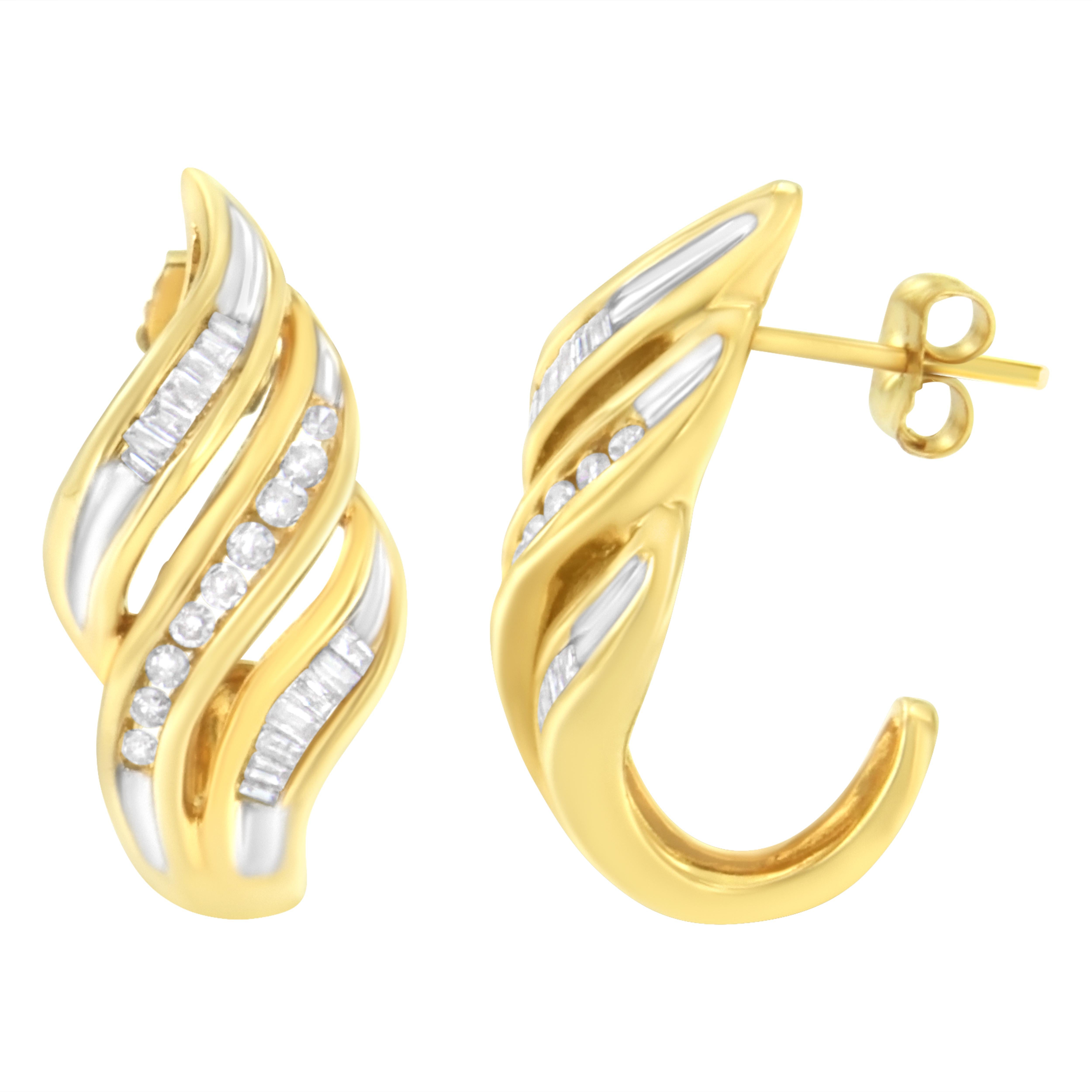 Crafted in 10k yellow gold, these earrings have a striking design. 3 separate ribbons of yellow gold delicately flow to create soft curves that meet at the bottom of the design creating an spiral effect. Each ribbon is inlaid by a row of channel set