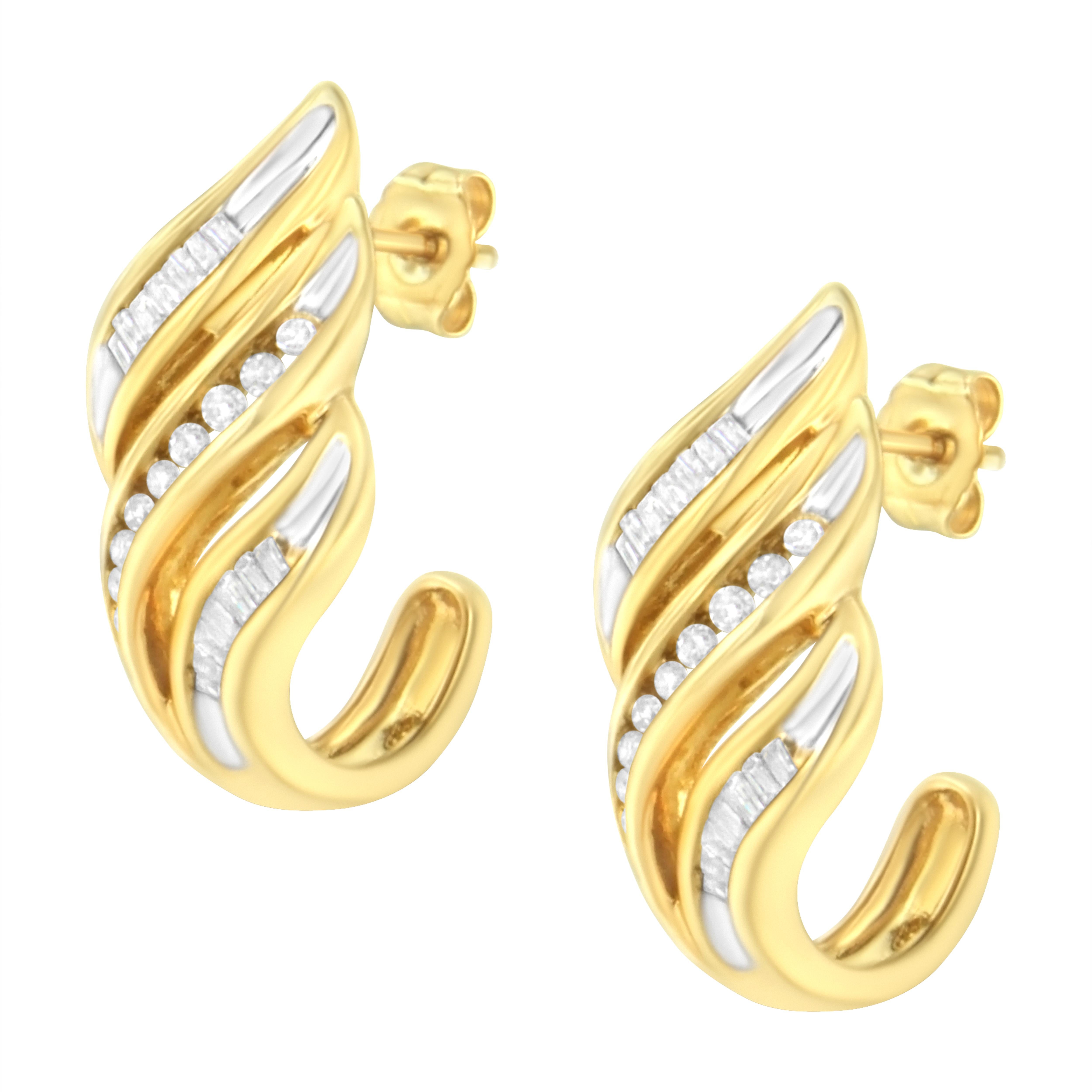 Baguette Cut 10K Yellow Gold 1/2 Carat Diamond Spiral Drop and Dangle Earrings For Sale