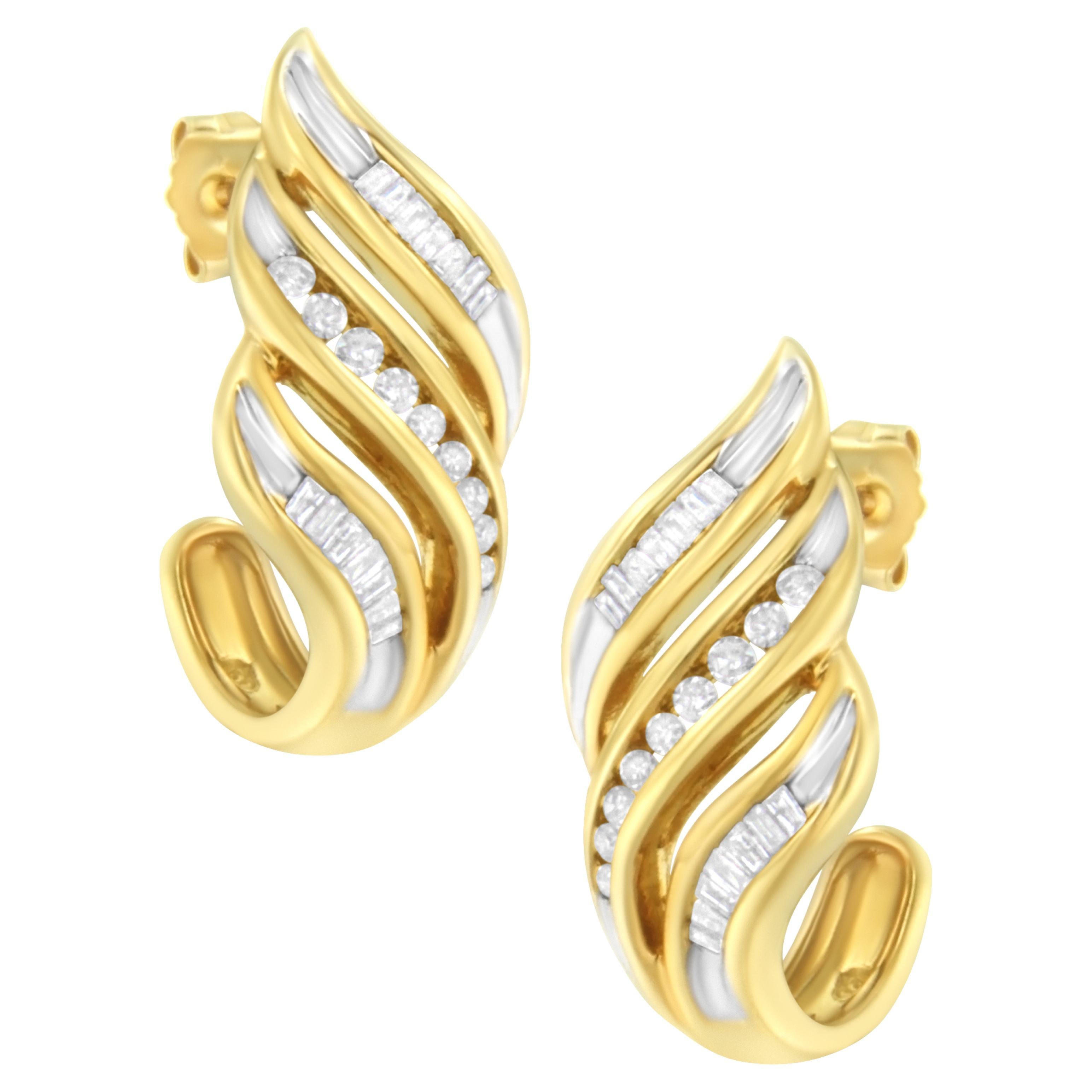 10K Yellow Gold 1/2 Carat Diamond Spiral Drop and Dangle Earrings