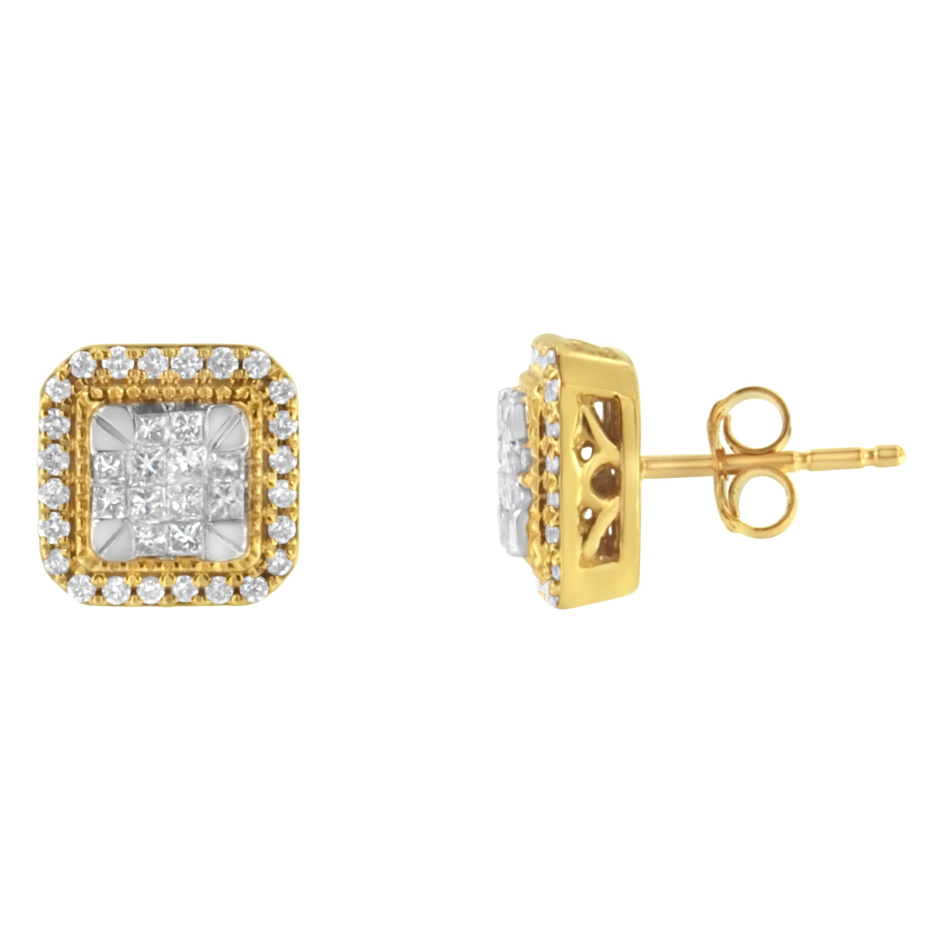 A pair of square diamond cluster stud earring that sparkle with a central cluster of princess cut diamonds surrounded by a halo of round diamonds. Milgrain beading adds a vintage touch to this unique design crafted in 10 karat yellow gold. They have