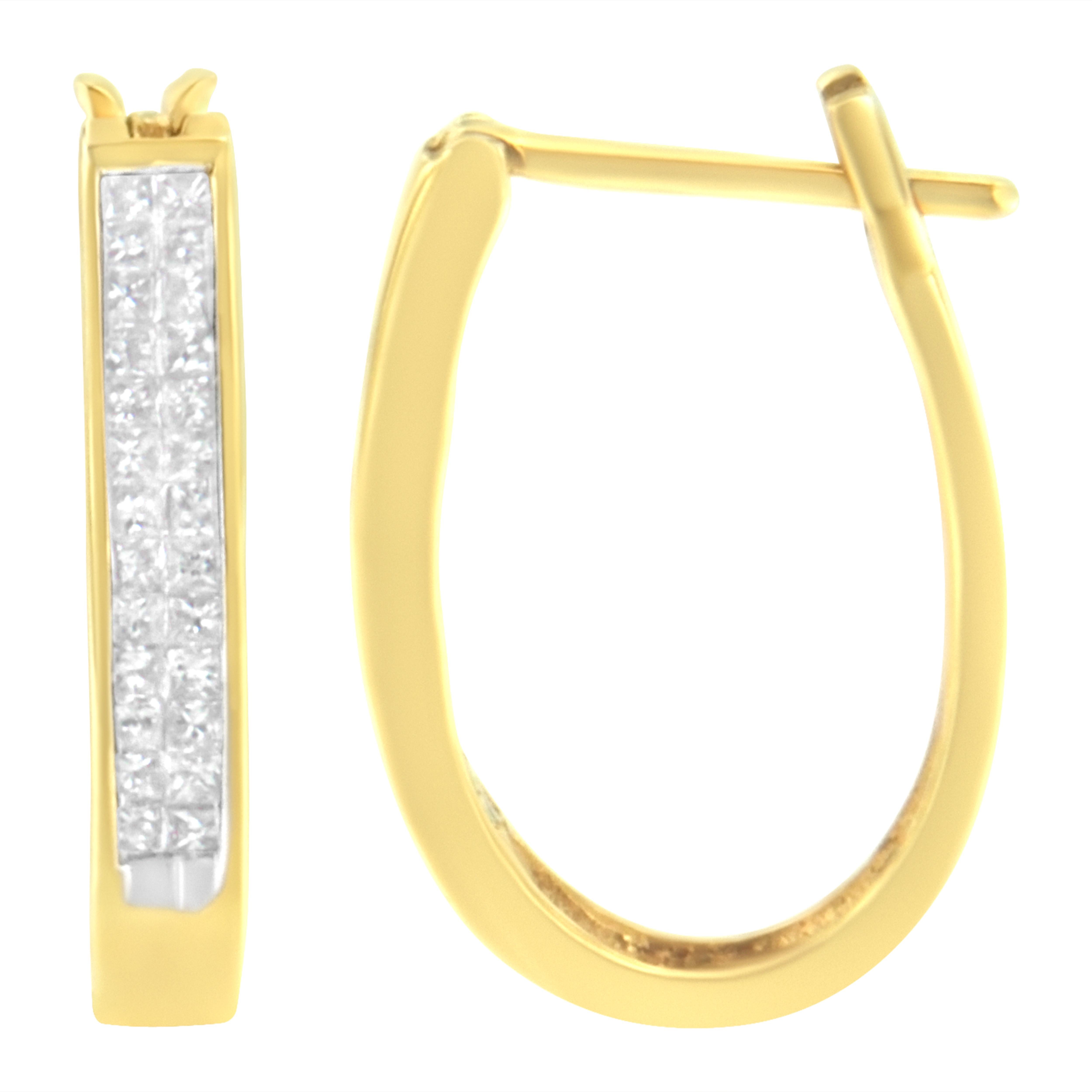 Uniquely set in an invisible setting, princess-cut diamonds shine in the outer part of these gorgeous 10k yellow gold hoop earrings. This piece has a total diamond weight of 1/2 cttw. It's the perfect gift for a loved one on any special occasion, or