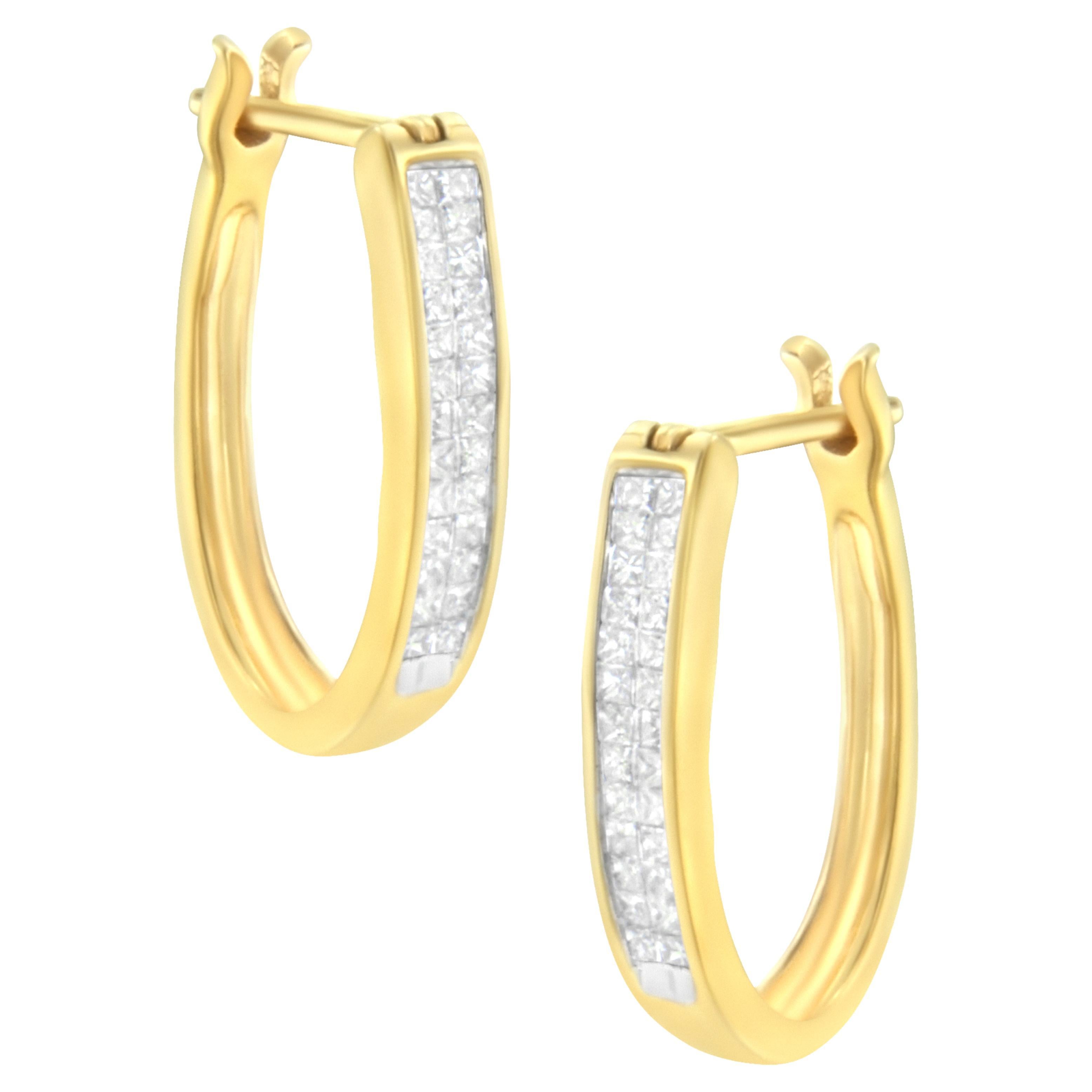 10K Yellow Gold 1/2 Carat Invisible Set Princess-Cut Diamond Hoop Earrings For Sale