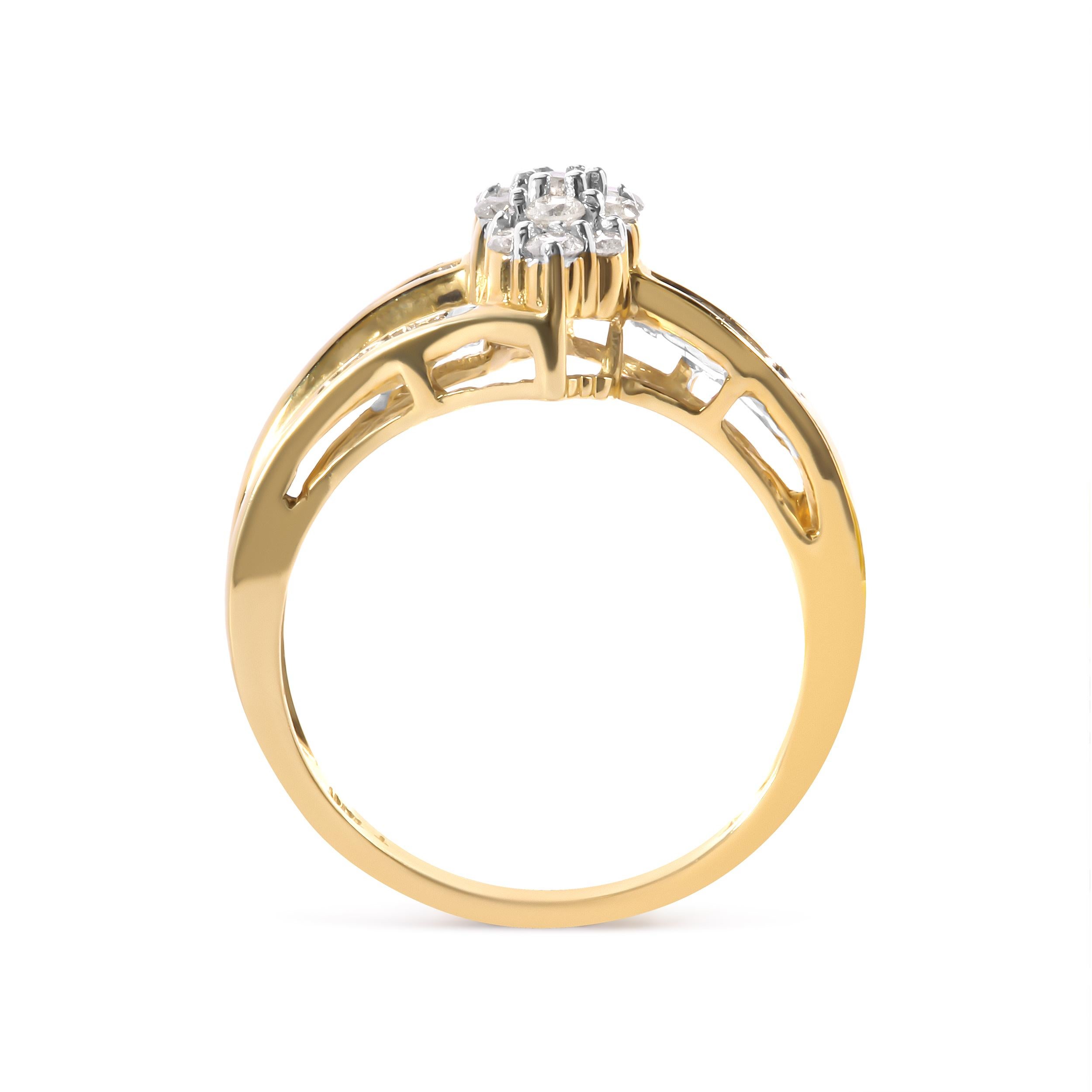 Indulge in the exquisite allure of this fashion ring crafted in 10K yellow gold, a mesmerizing treasure that will captivate any woman's heart. Adorned with a dazzling display of natural diamonds, this enchanting piece boasts a total diamond weight