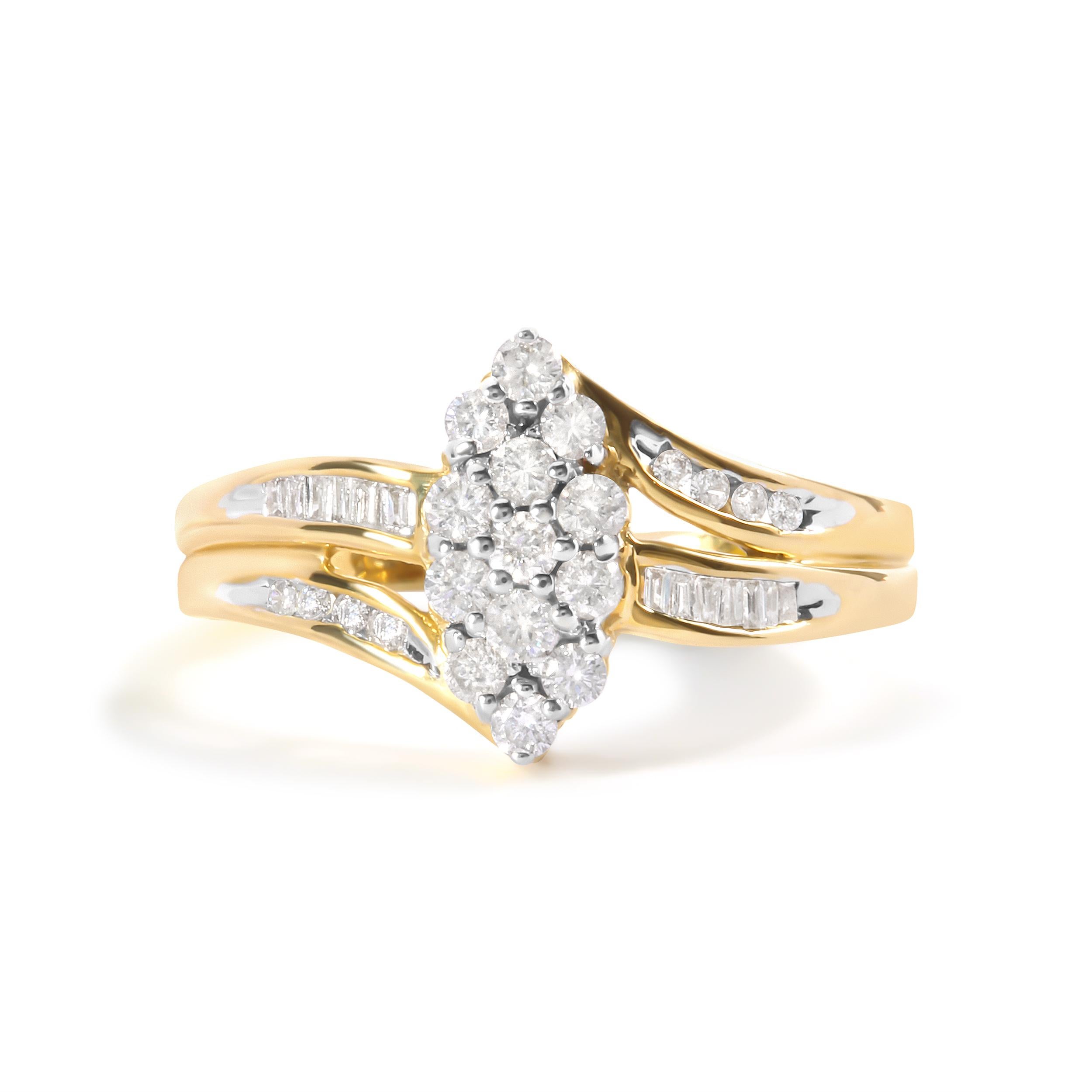 Round Cut 10K Yellow Gold 1/2 Carat Pear Cluster and Channel Set Diamond Ring For Sale