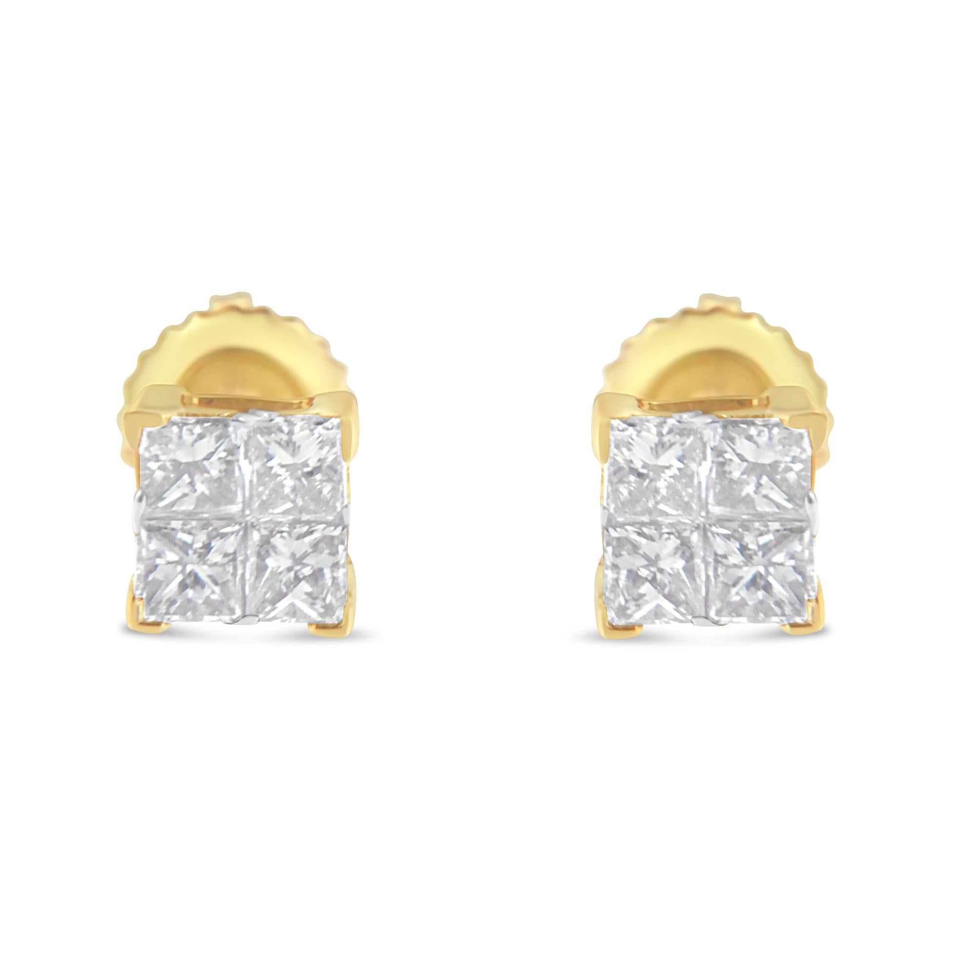 Contemporain Clous d'oreilles composites princesse en or jaune 10 carats et diamants 1/2 carat en vente