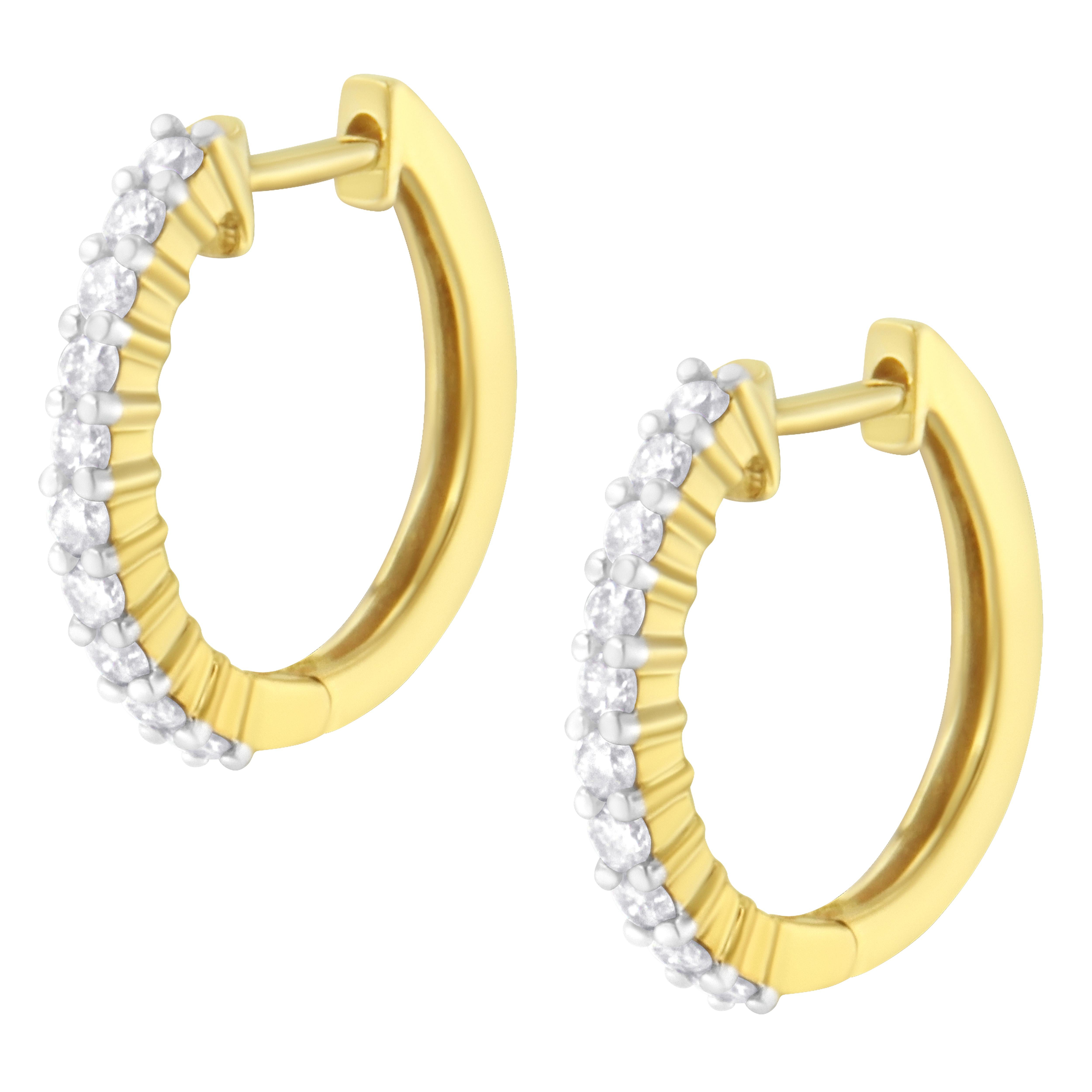 Contemporary 10K Yellow Gold 1/2 Carat Prong Set Round-Cut Diamond Hoop Earrings For Sale