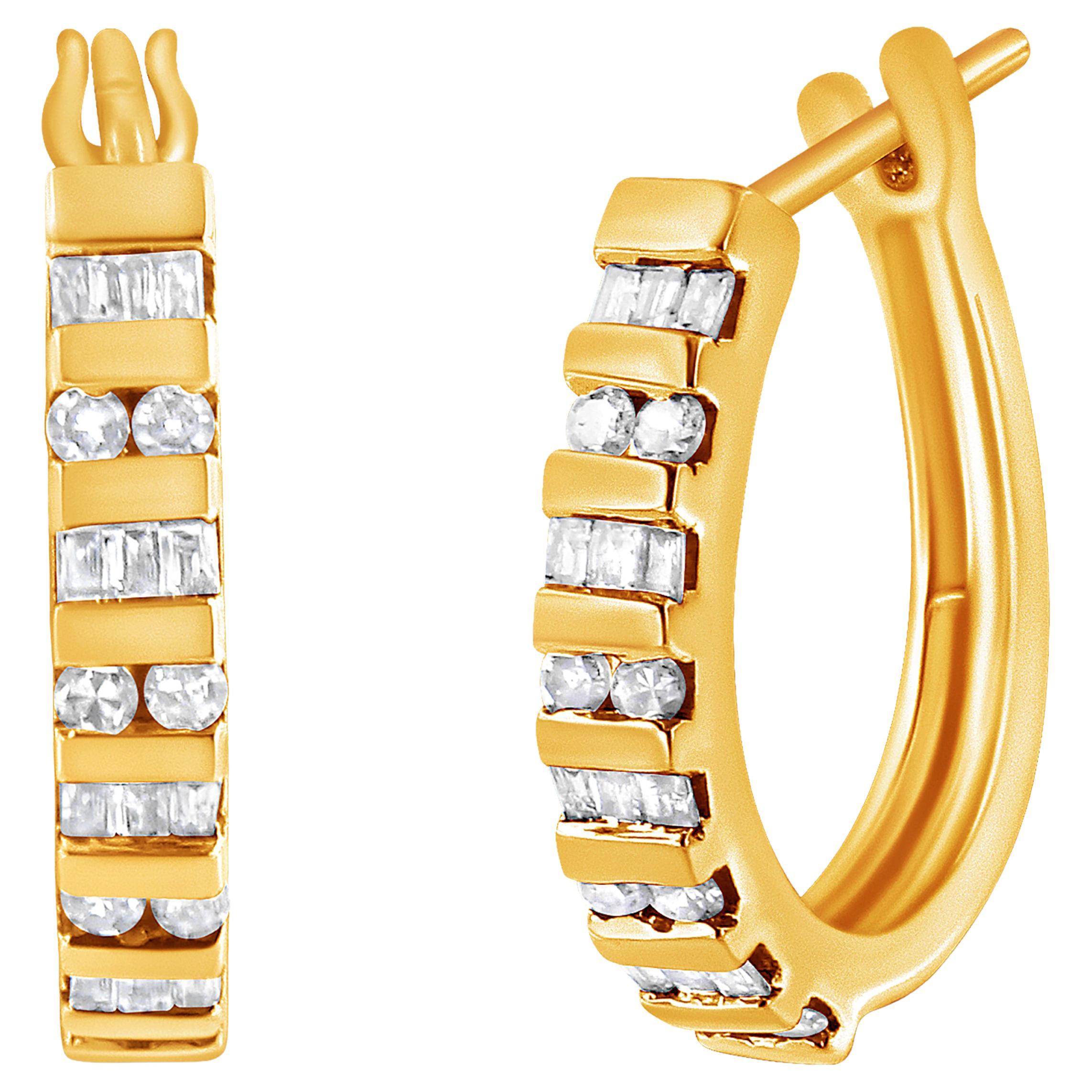 10K Yellow Gold 1/2 Carat Round and Baguette-Cut Diamond Hoop Earrings For Sale