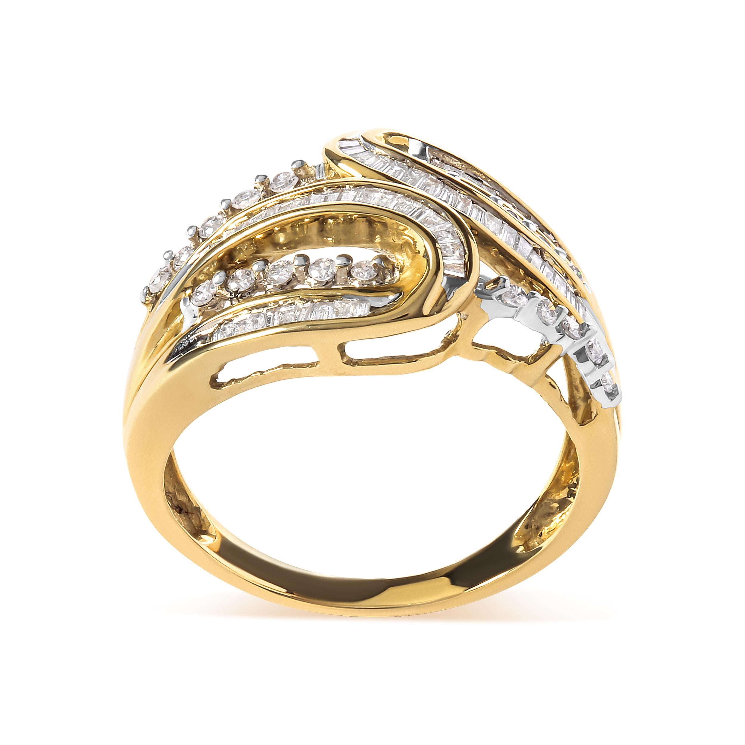This stunning 10K yellow gold ring is the epitome of elegance and sophistication. With a unique open space bypass design, this ring is sure to turn heads. The round and baguette cut diamonds add a touch of glamour and sparkle, totaling 0.5 cttw and
