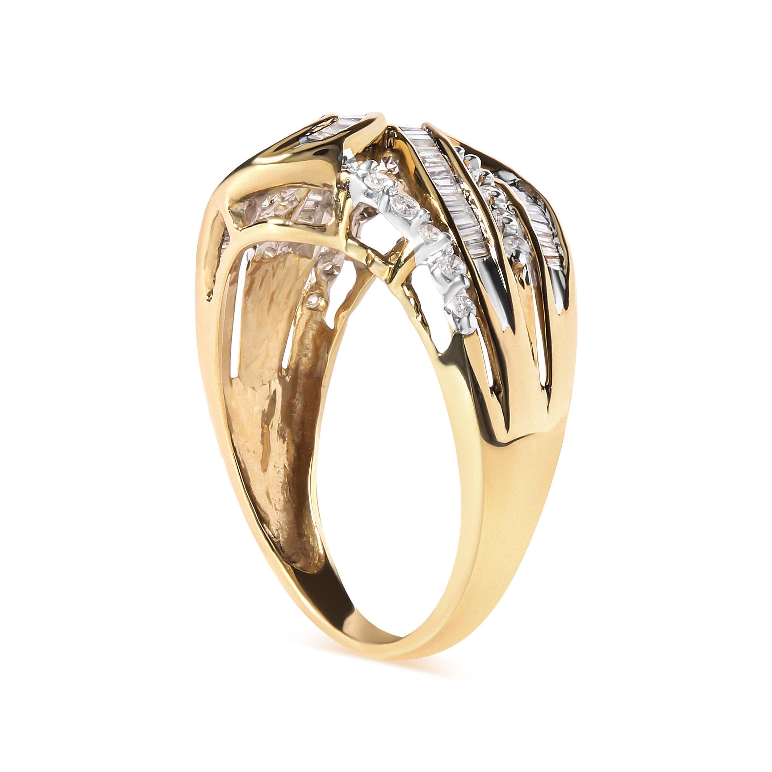 Modern 10K Yellow Gold 1/2 Carat Round and Baguette cut Diamond Open Space Bypass Ring For Sale
