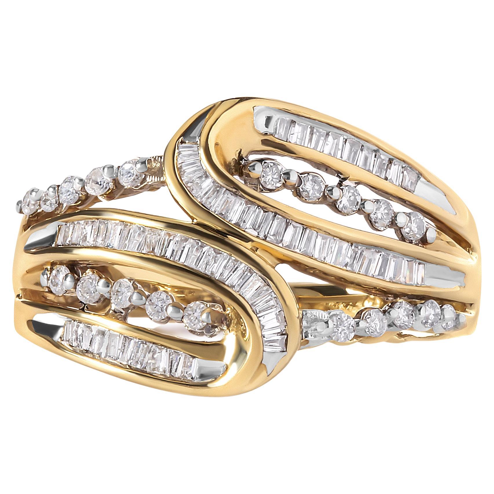 10K Yellow Gold 1/2 Carat Round and Baguette cut Diamond Open Space Bypass Ring For Sale