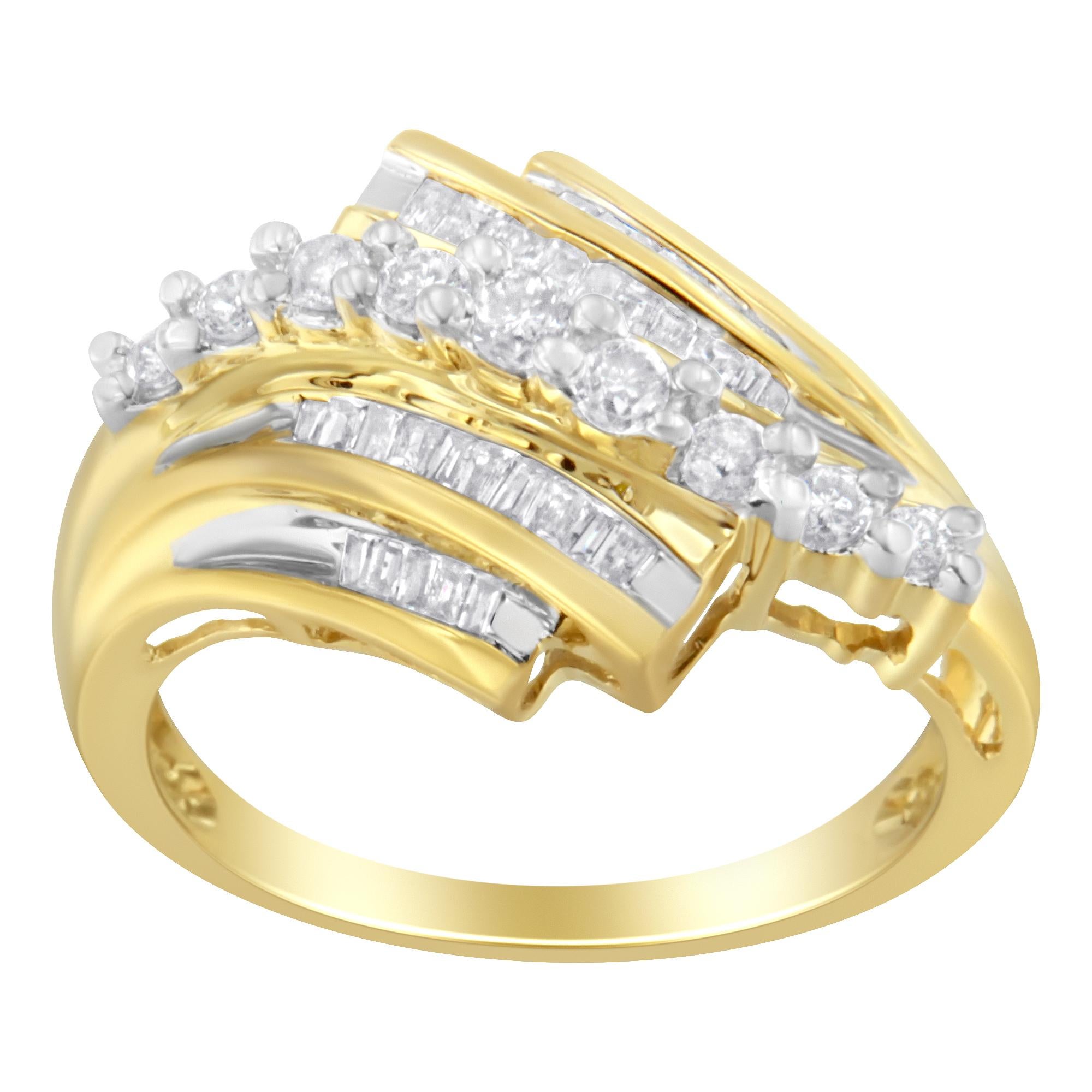 Make a unique style statement in front of your special guests by wearing this outstanding diamond ring. Fashioned in 10kt yellow gold, this diamond ring is enriched with round, and baguette cut diamonds arranged in prong settings. Its glimmering