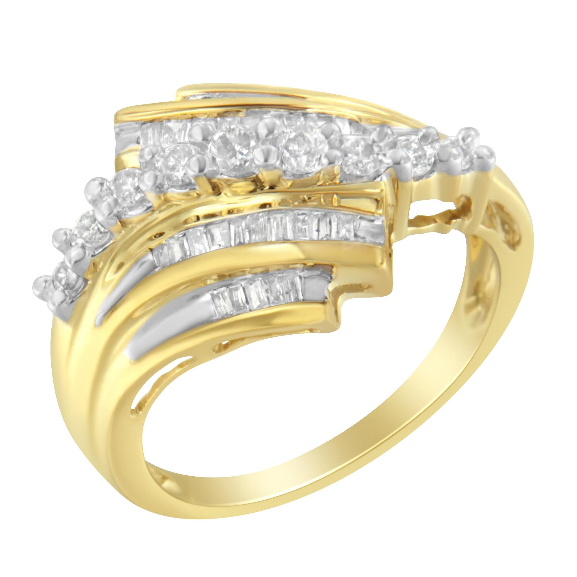 Modern 10K Yellow Gold 1/2 Carat Round and Baguette Diamond-Cut Ring