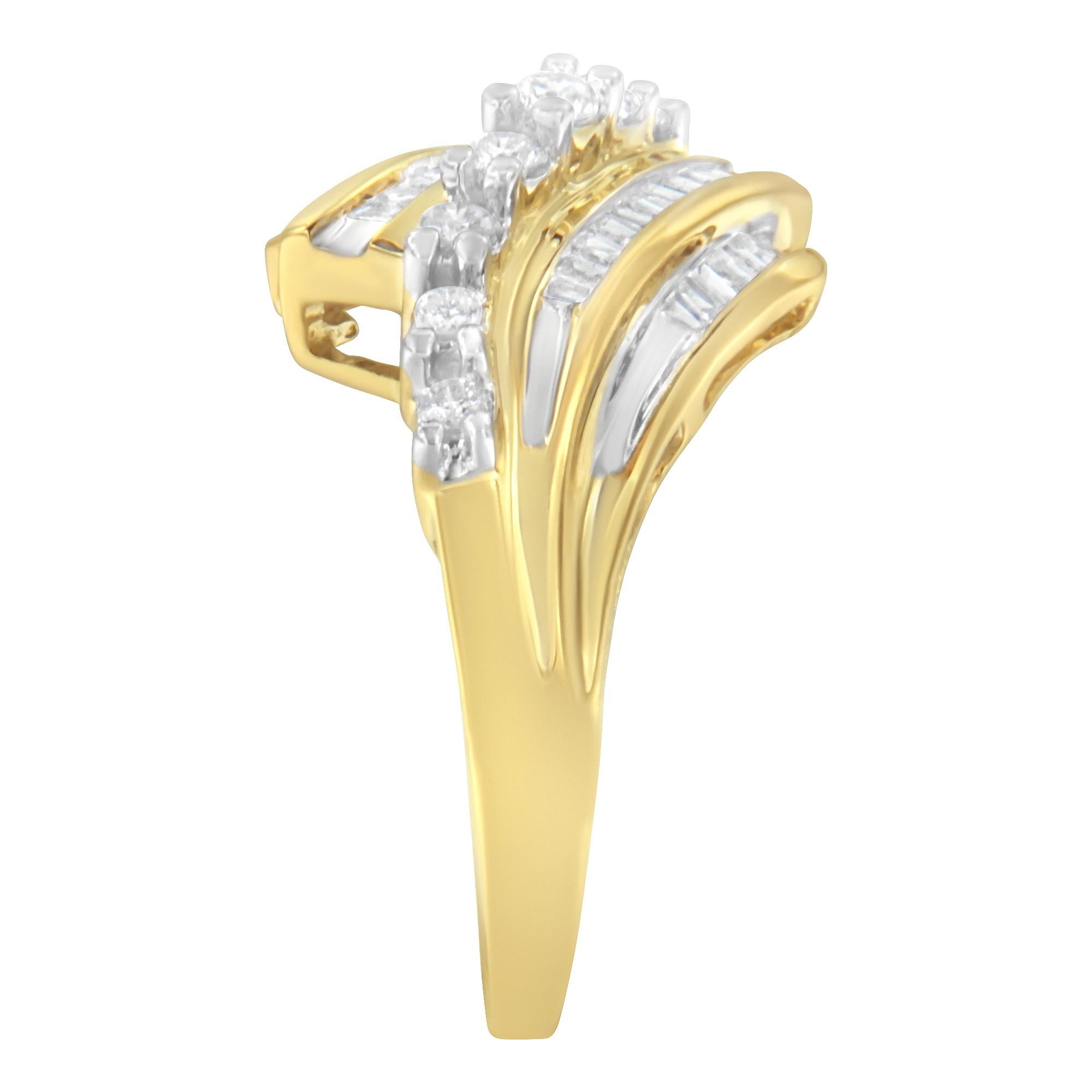 For Sale:  10k Yellow Gold 1/2 Carat Round and Baguette Diamond Cut Ring 6