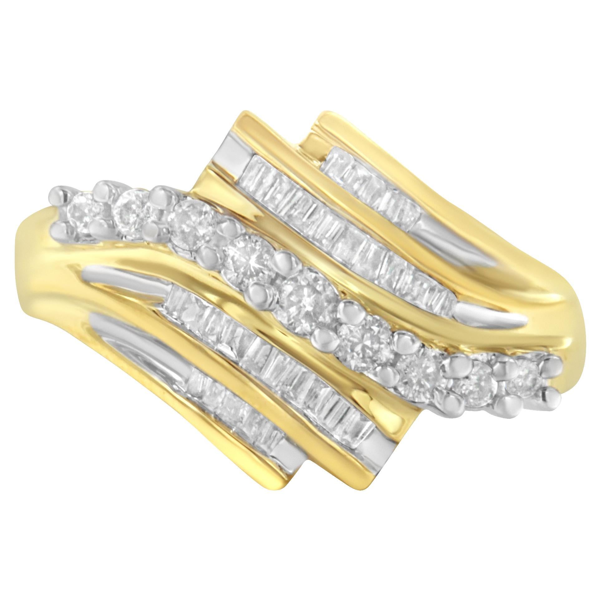 10k Yellow Gold 1/2 Carat Round and Baguette Diamond Cut Ring